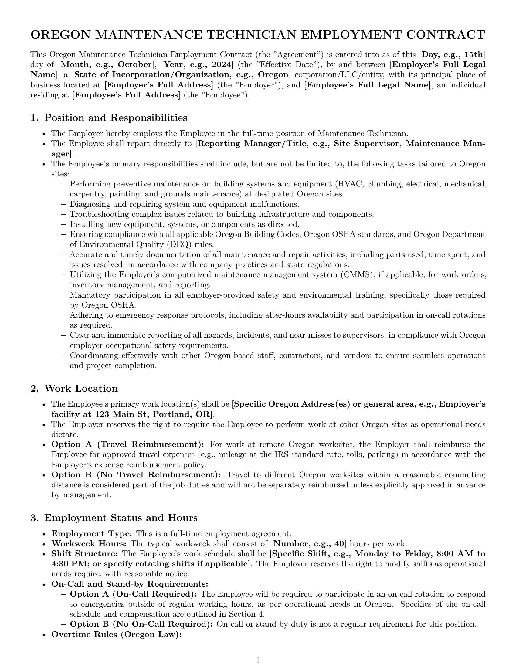 Preview page 1 of Pro Oregon maintenance technician employment contract template