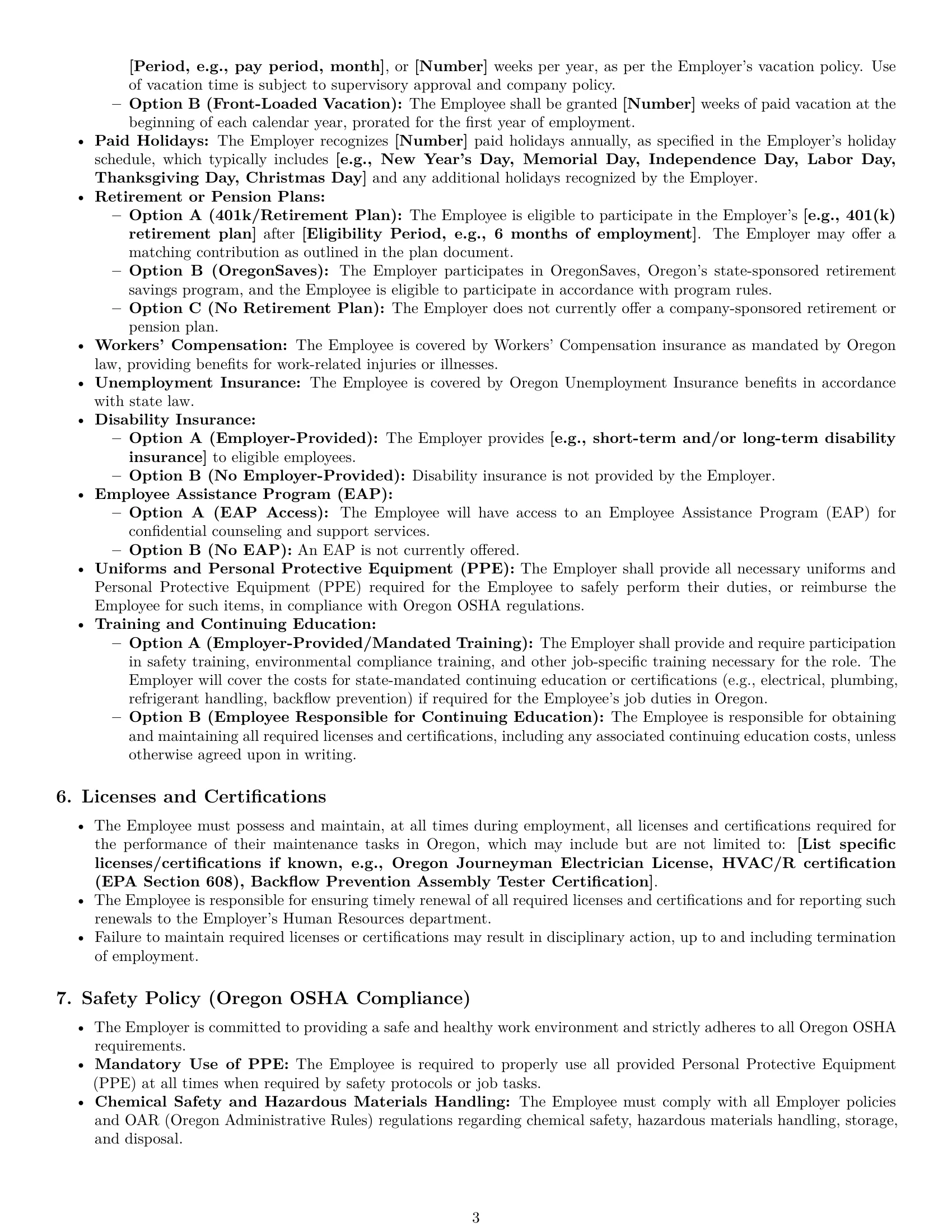 Preview page 3 of Pro Oregon maintenance technician employment contract template