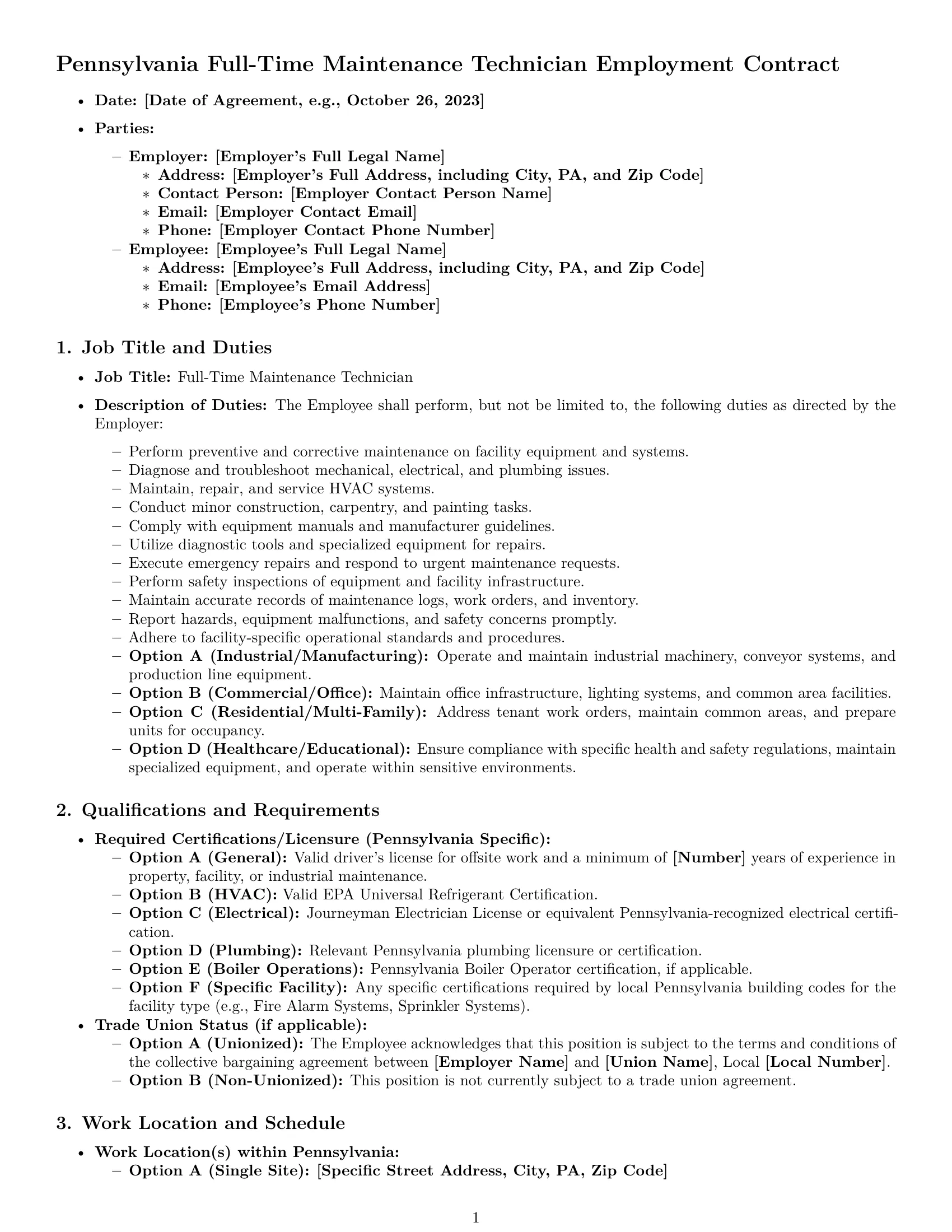 Preview page 1 of Pro Pennsylvania maintenance technician employment contract template