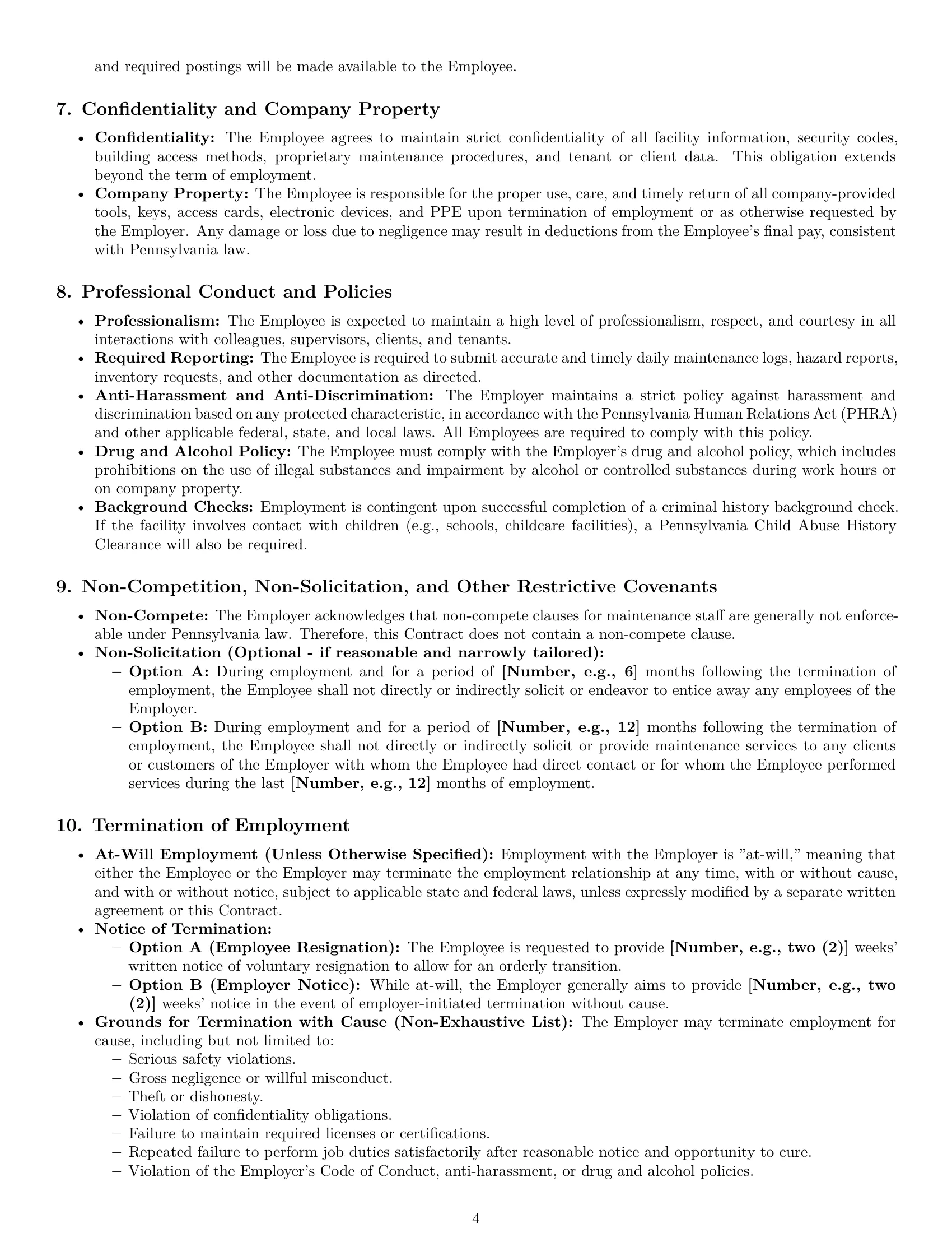Preview page 4 of Pro Pennsylvania maintenance technician employment contract template