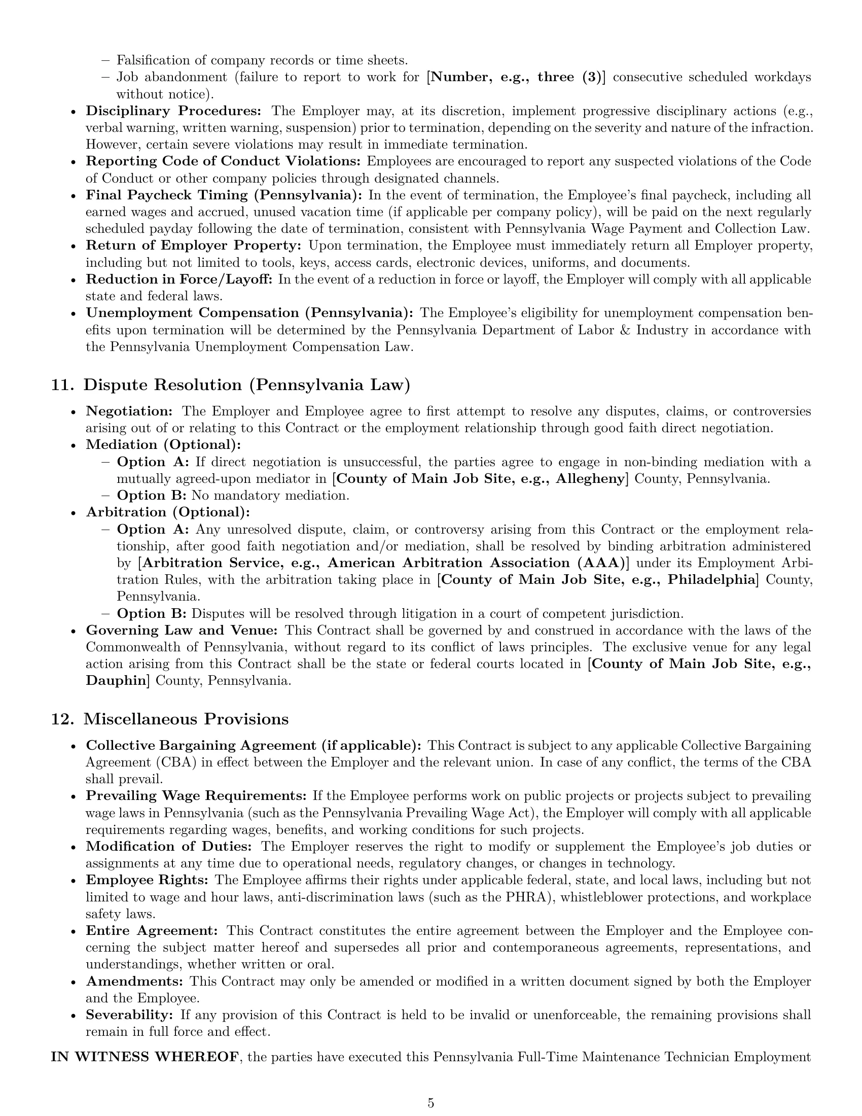 Preview page 5 of Pro Pennsylvania maintenance technician employment contract template