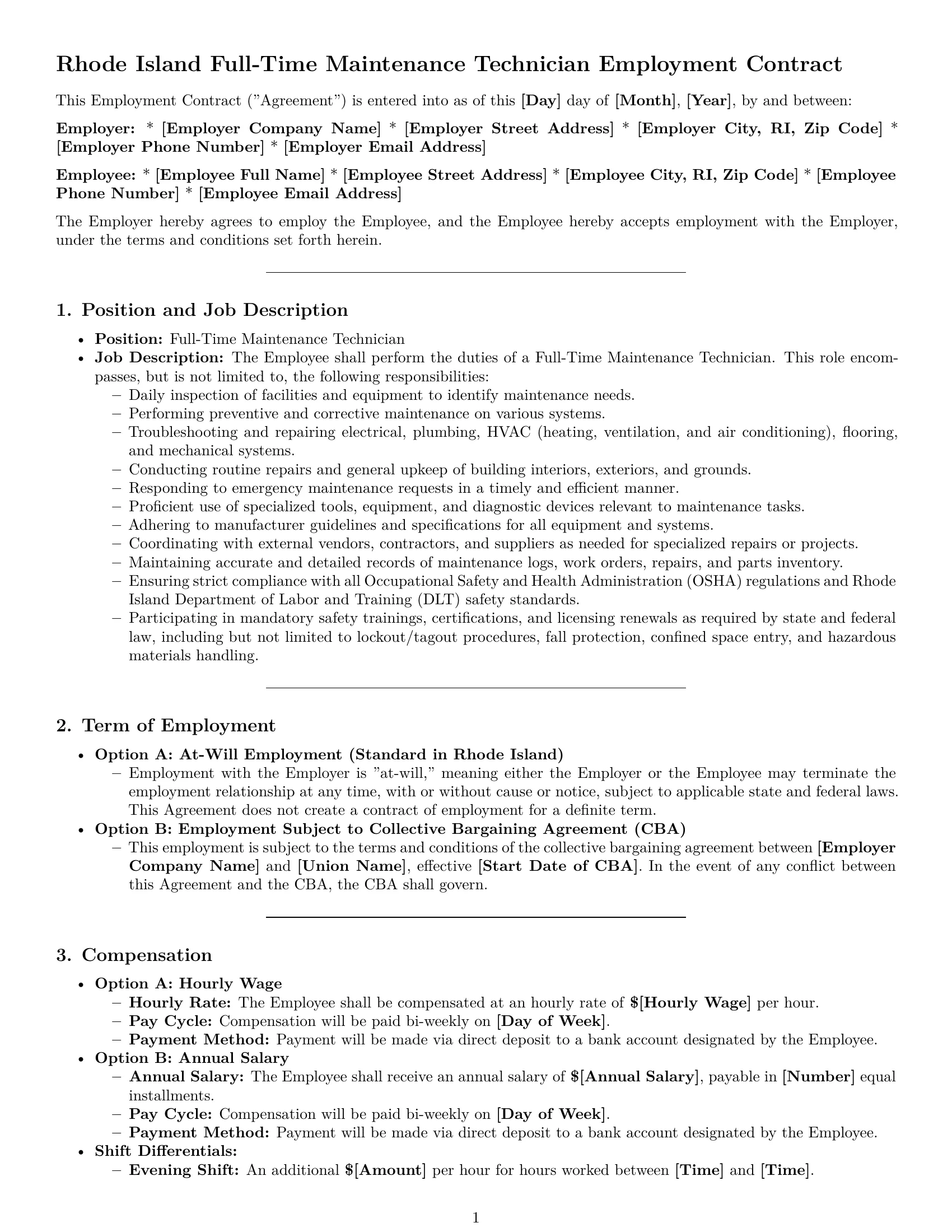 Preview page 1 of Pro Rhode Island maintenance technician employment contract template