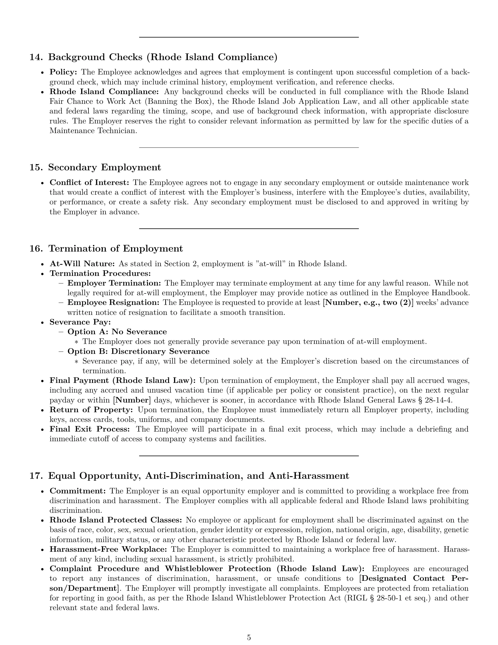 Preview page 5 of Pro Rhode Island maintenance technician employment contract template