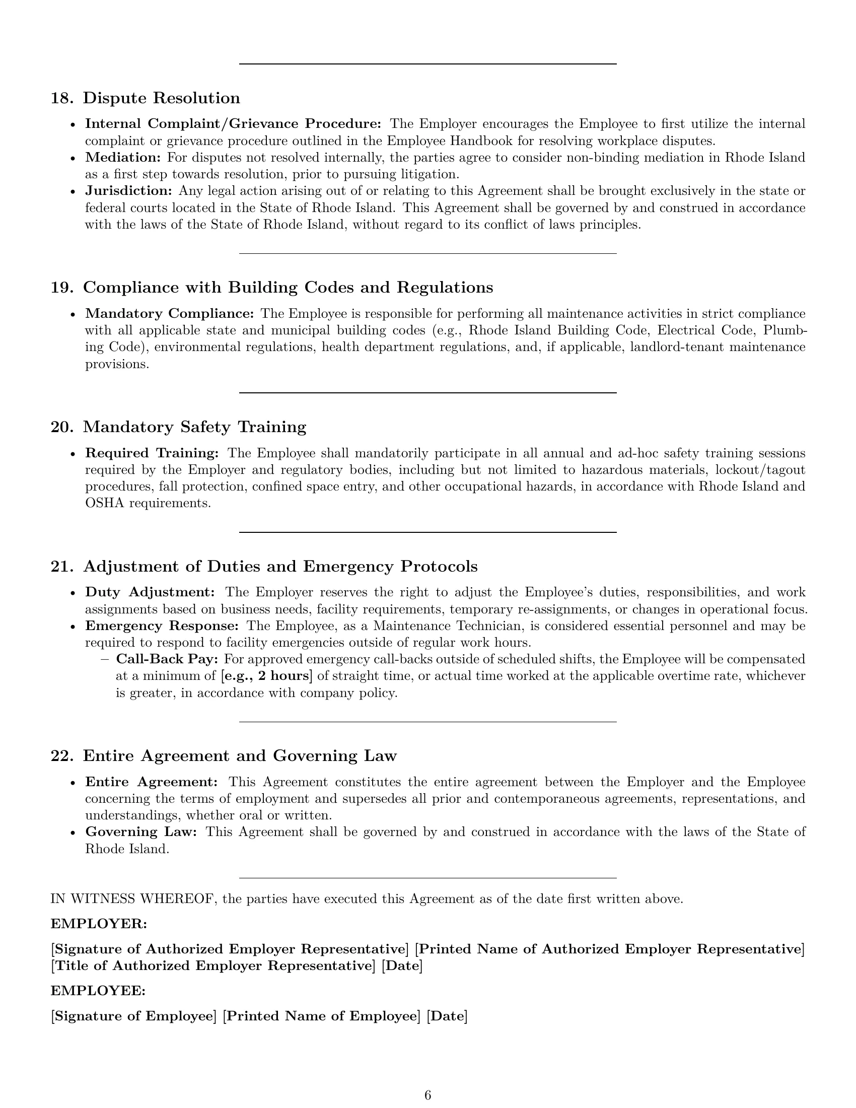 Preview page 6 of Pro Rhode Island maintenance technician employment contract template