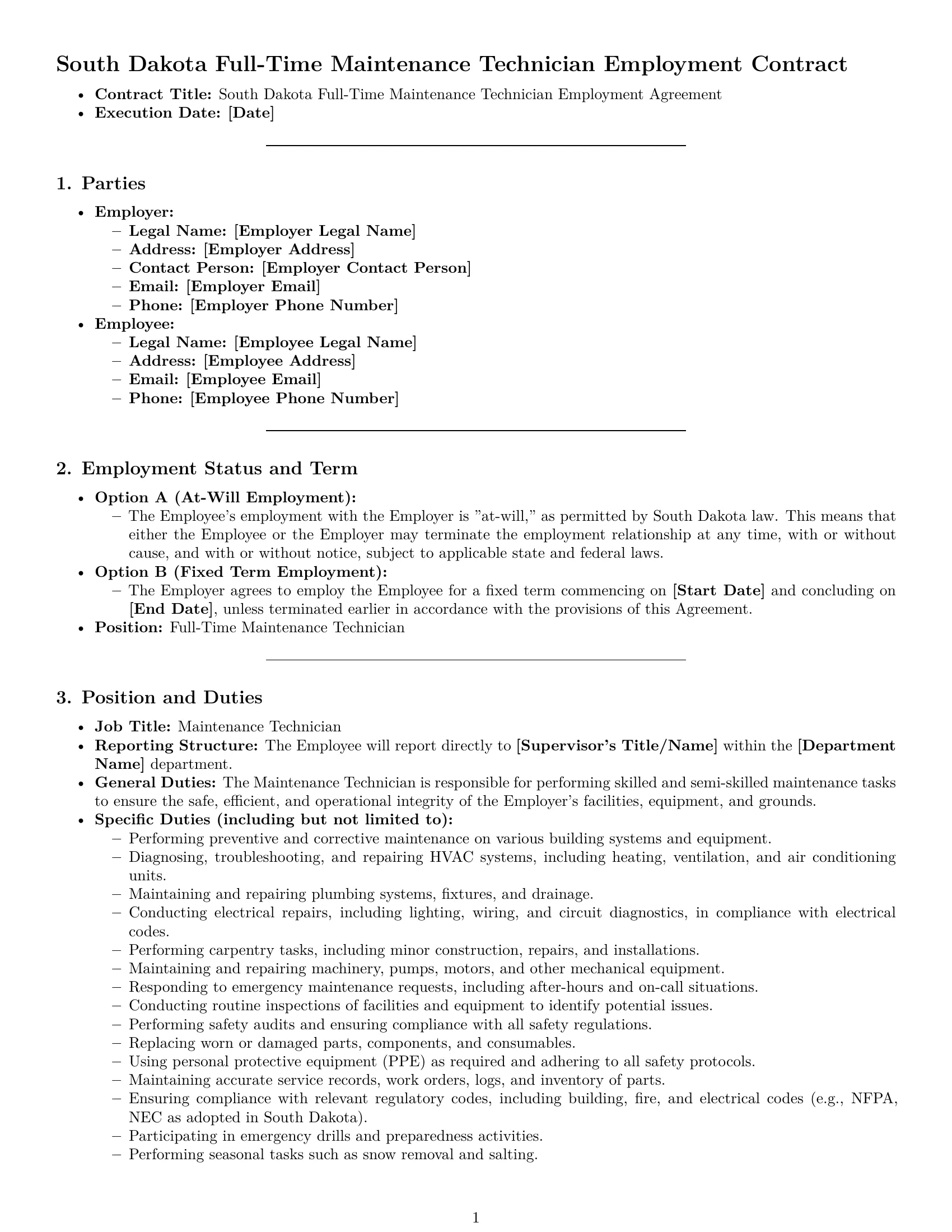 Preview page 1 of Pro South Dakota maintenance technician employment contract template