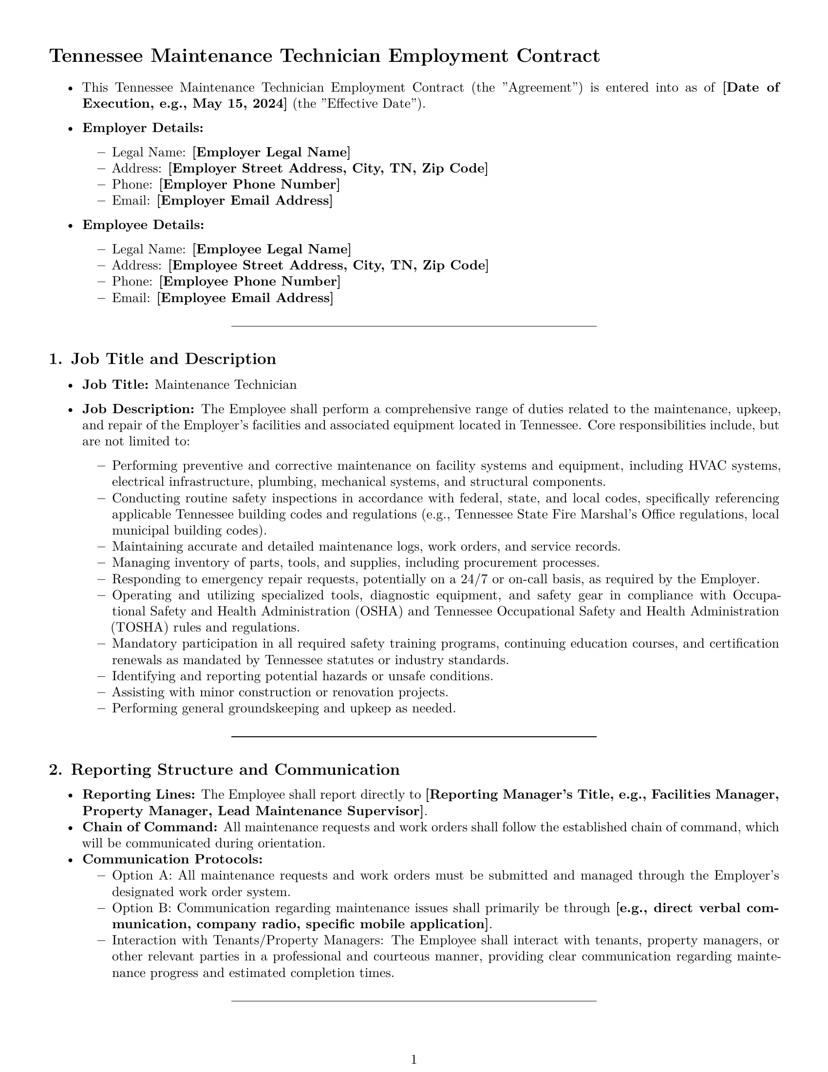 Preview page 1 of Pro Tennessee maintenance technician employment contract template