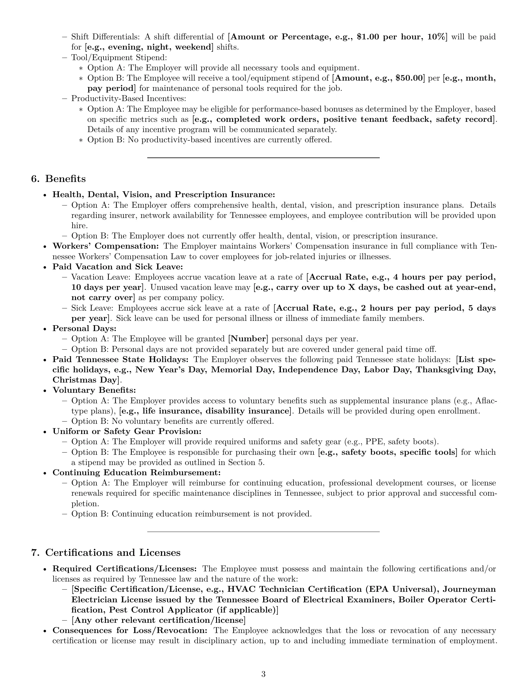 Preview page 3 of Pro Tennessee maintenance technician employment contract template