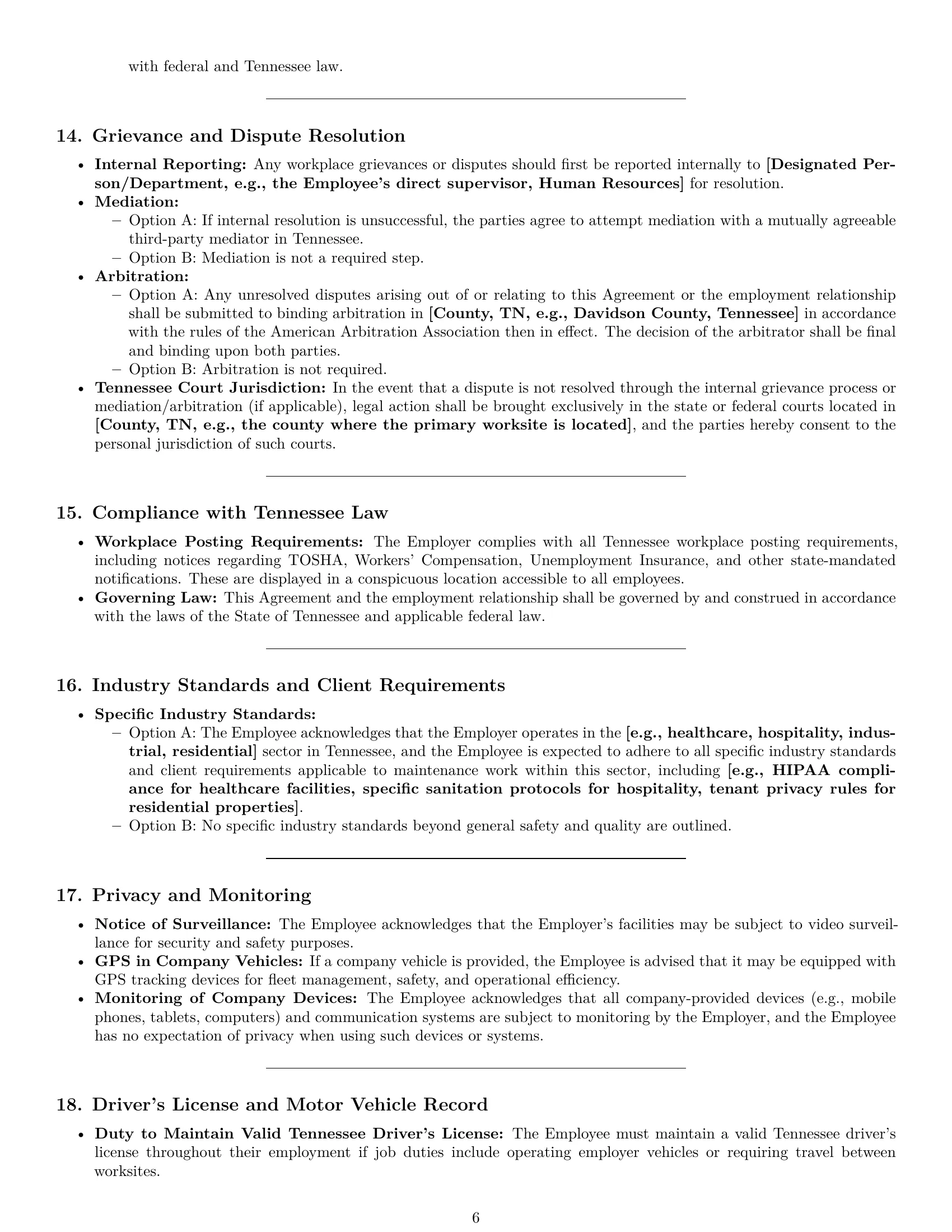 Preview page 6 of Pro Tennessee maintenance technician employment contract template