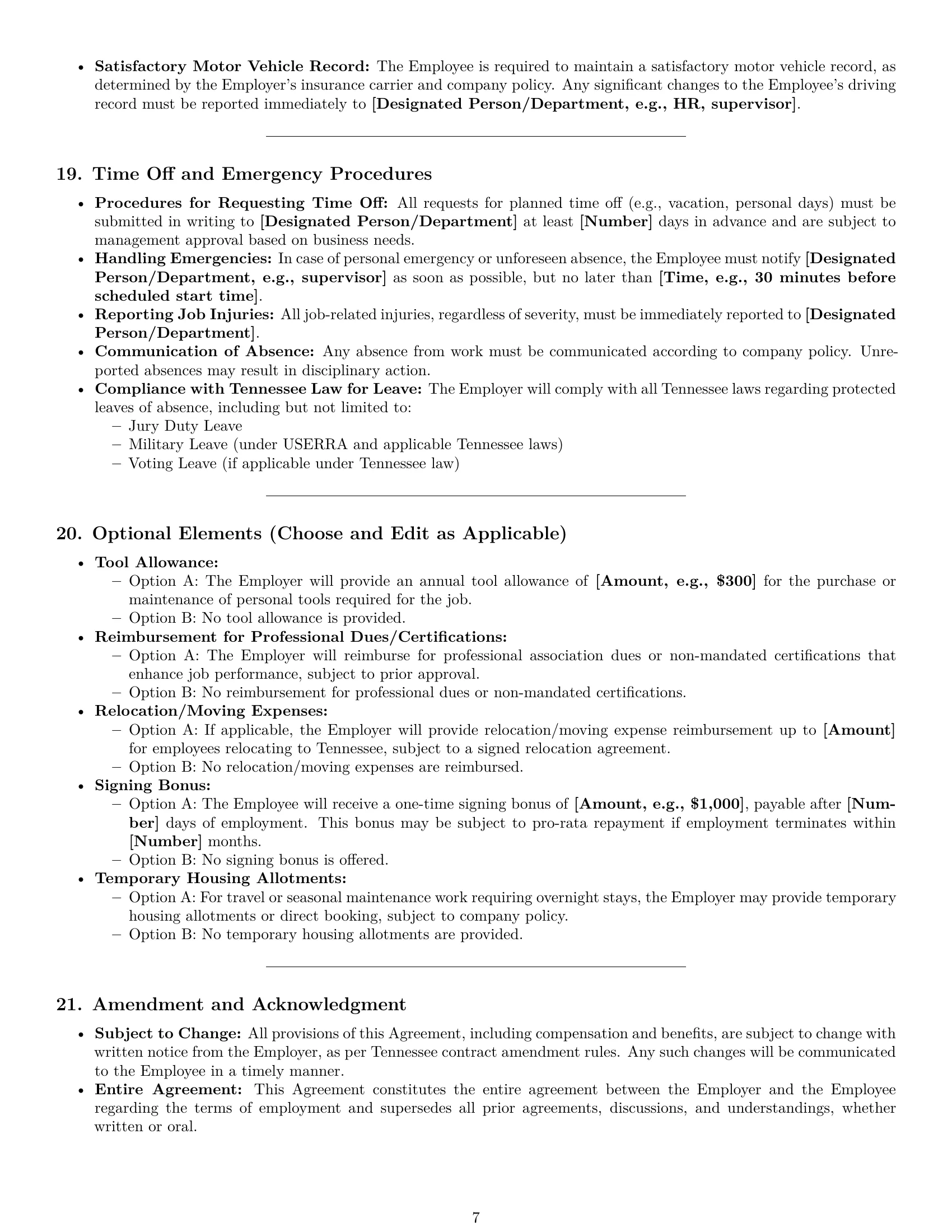 Preview page 7 of Pro Tennessee maintenance technician employment contract template