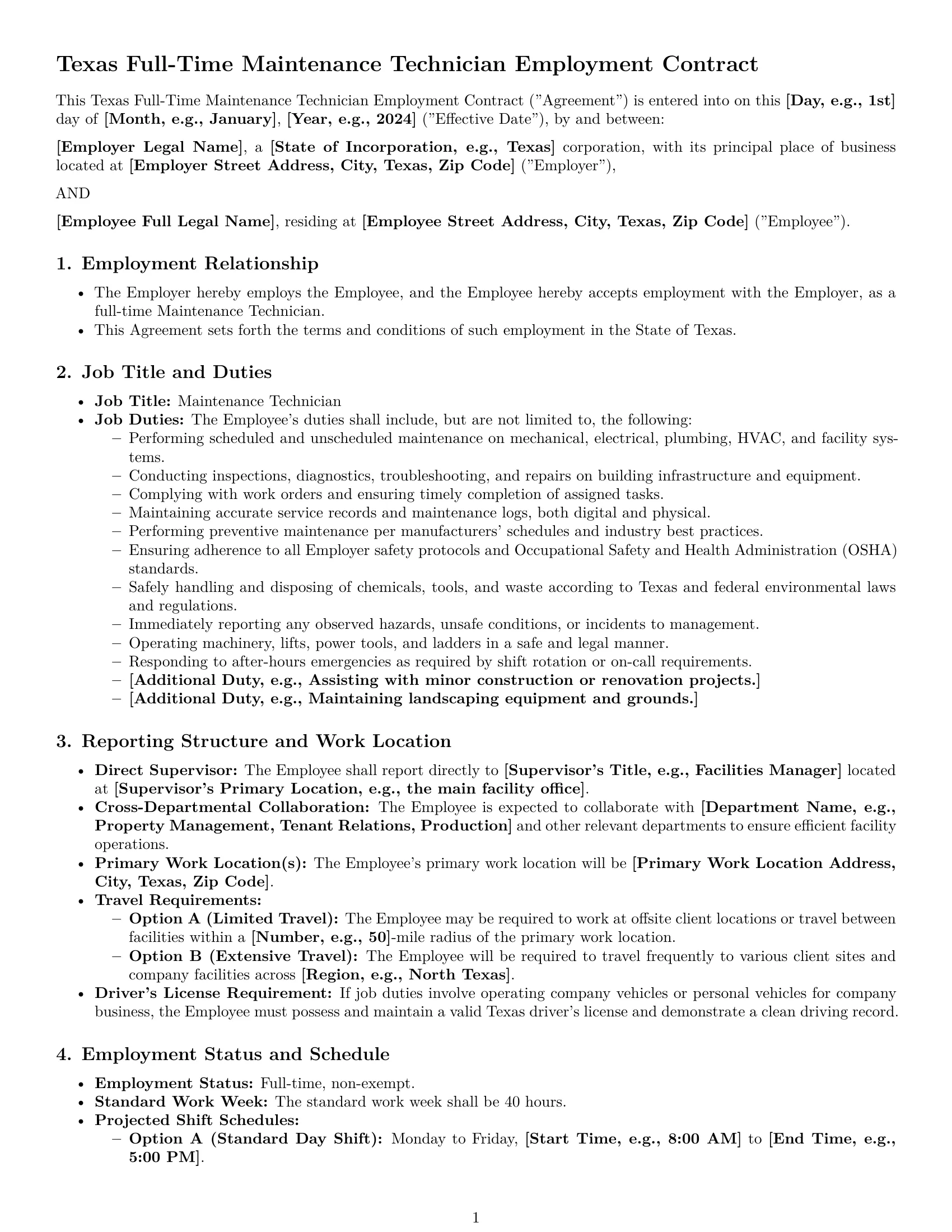 Preview page 1 of Pro Texas maintenance technician employment contract template