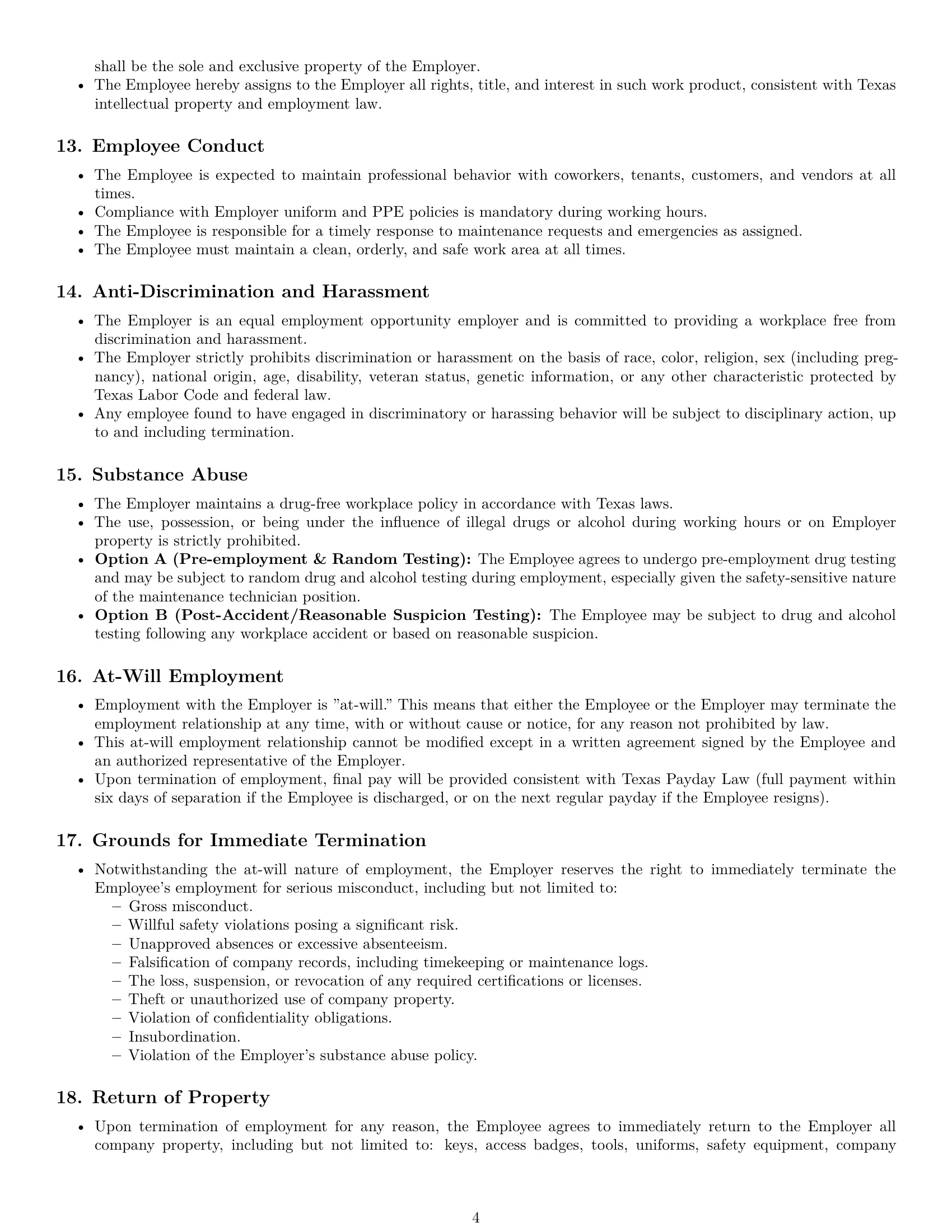 Preview page 4 of Pro Texas maintenance technician employment contract template