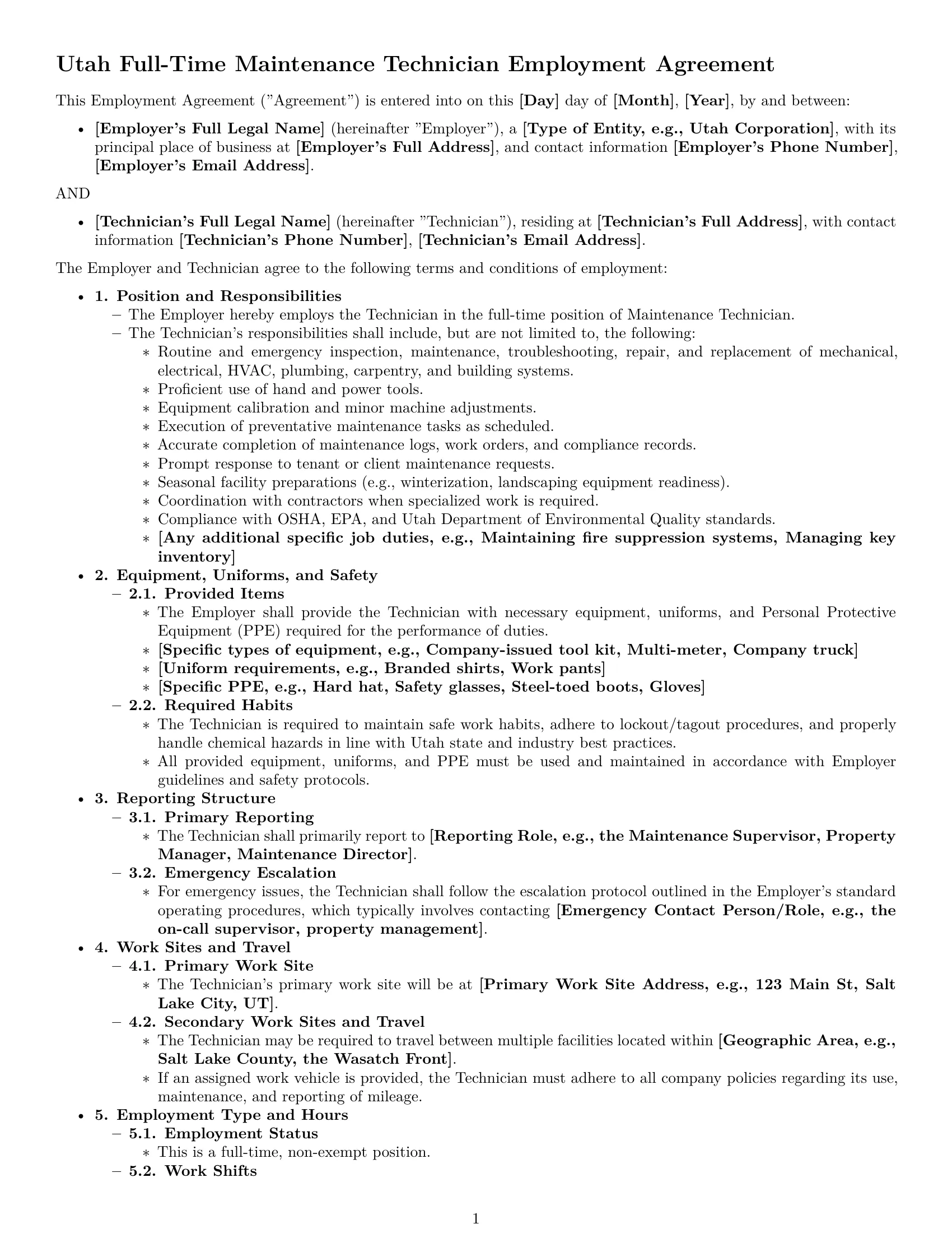 Preview page 1 of Pro Utah maintenance technician employment contract template