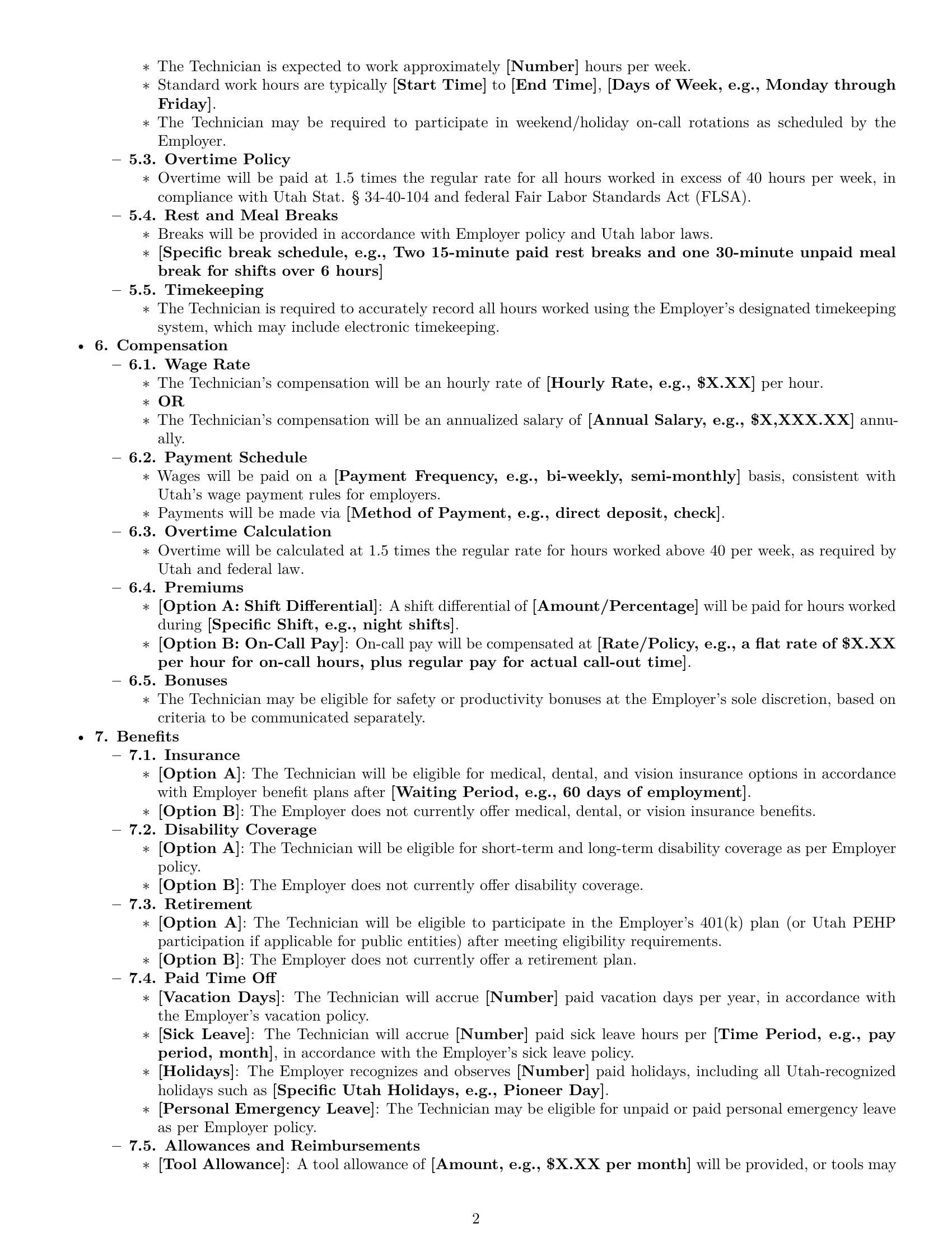 Preview page 2 of Pro Utah maintenance technician employment contract template