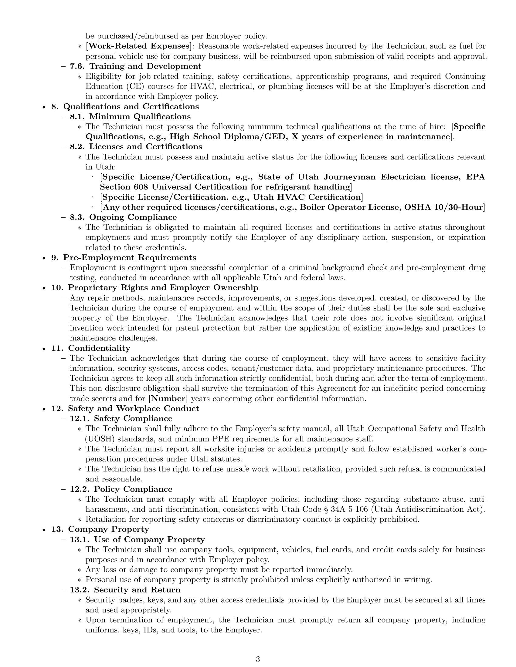 Preview page 3 of Pro Utah maintenance technician employment contract template