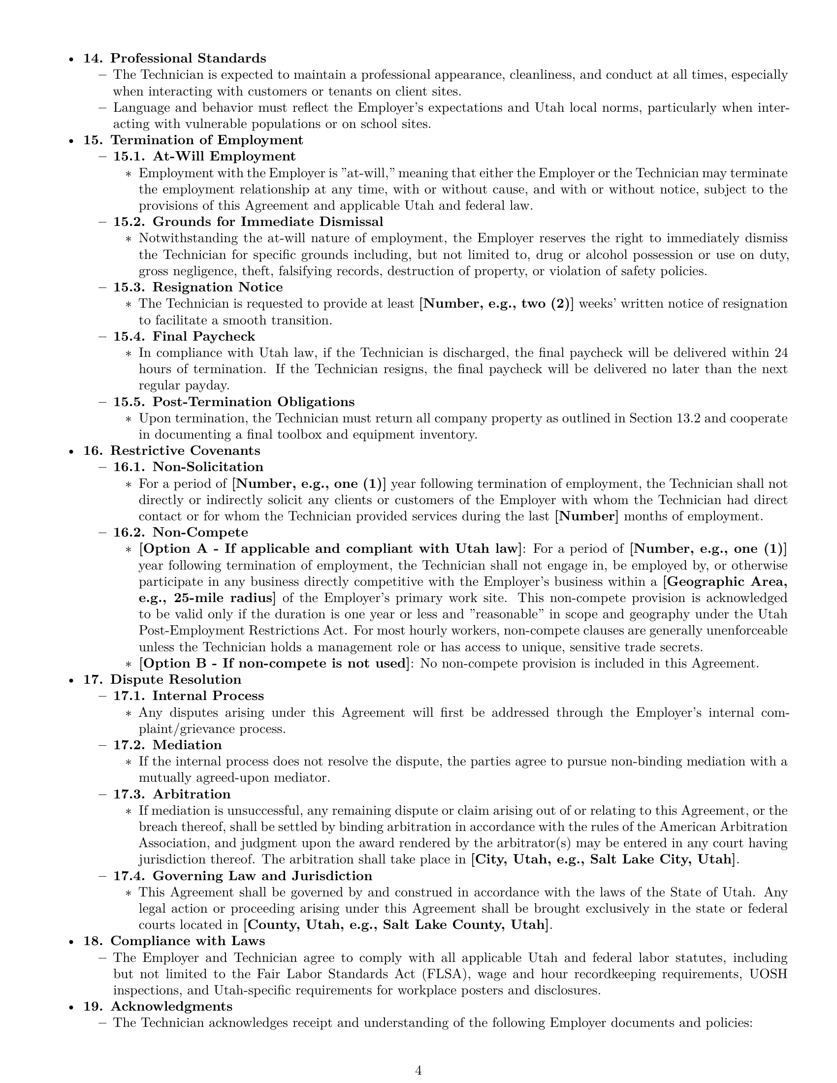 Preview page 4 of Pro Utah maintenance technician employment contract template
