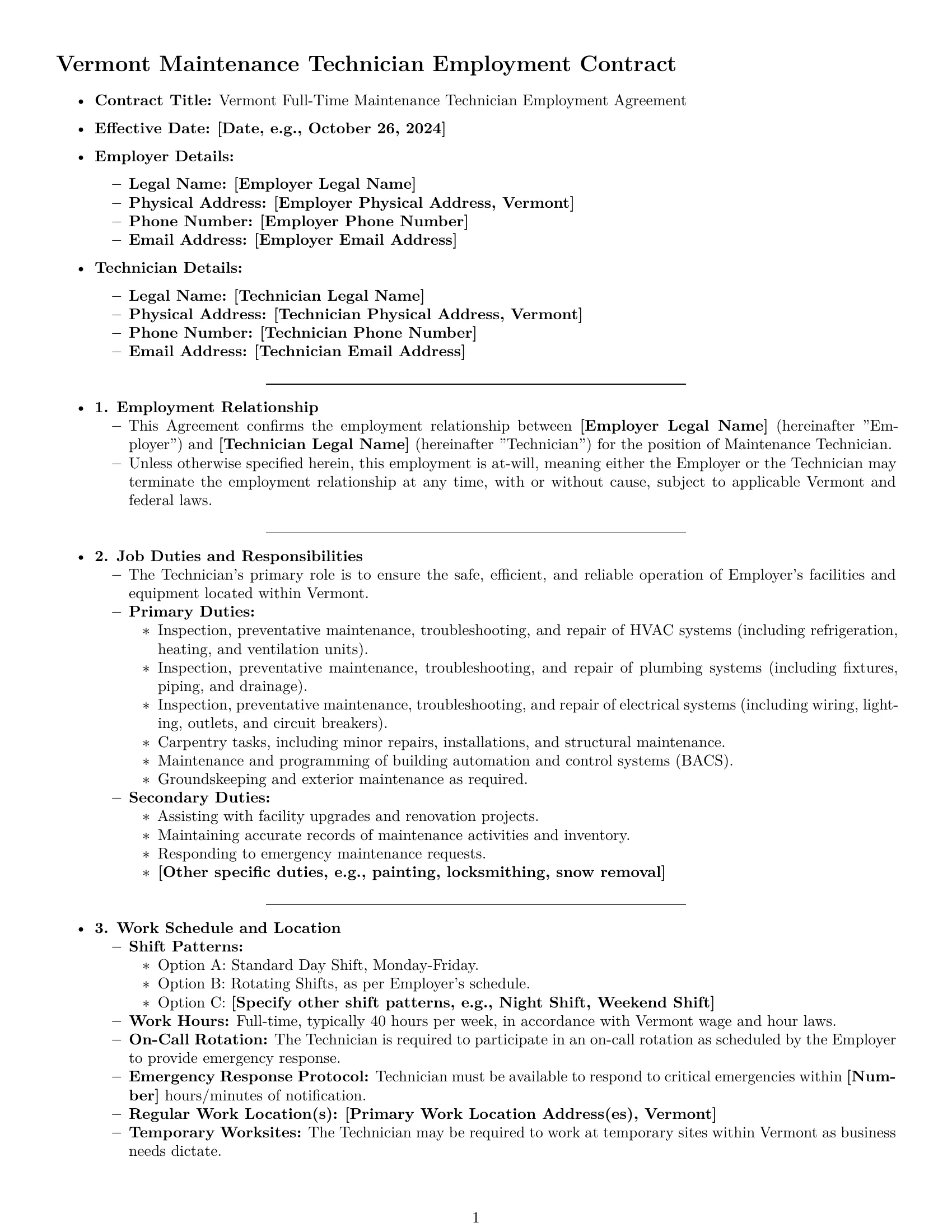 Preview page 1 of Pro Vermont maintenance technician employment contract template