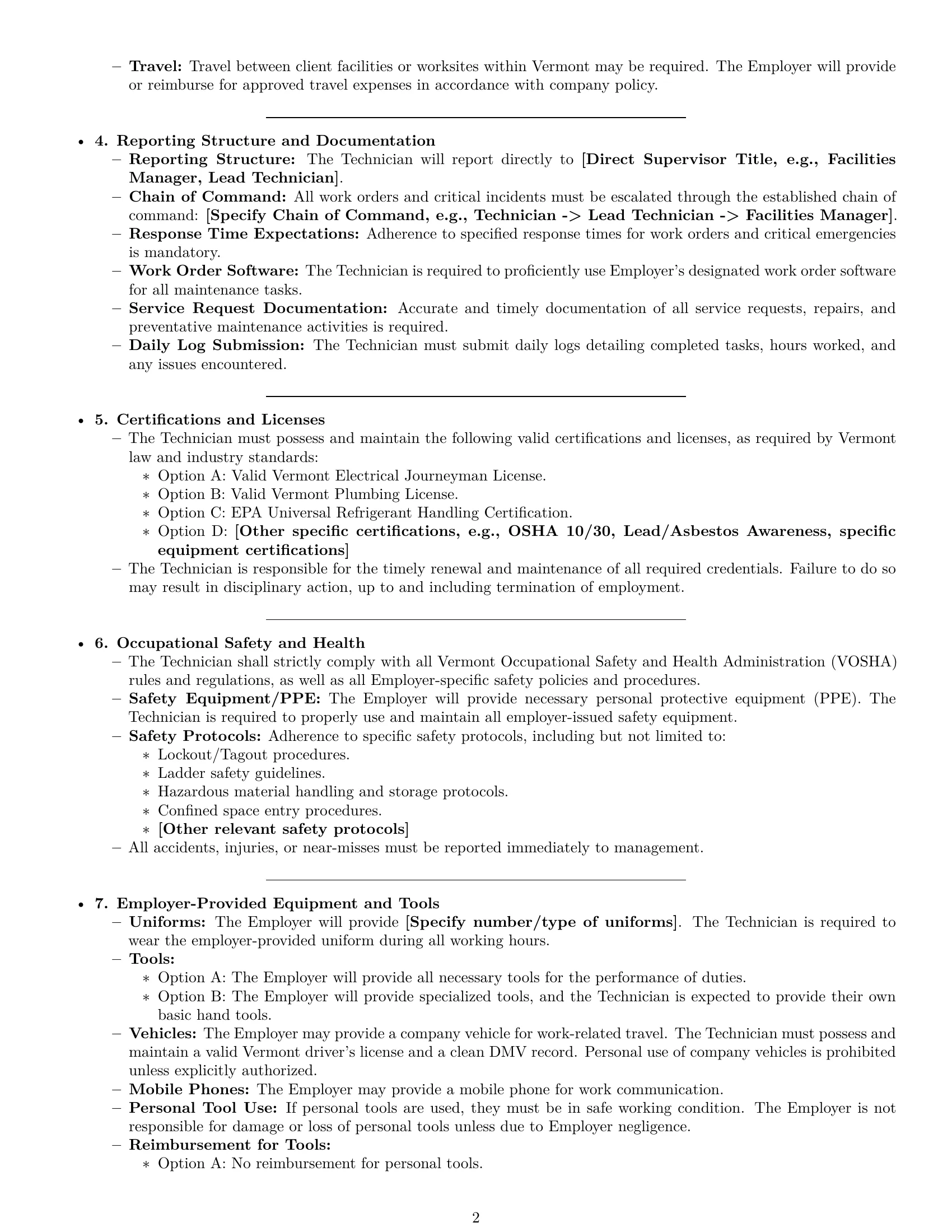 Preview page 2 of Pro Vermont maintenance technician employment contract template