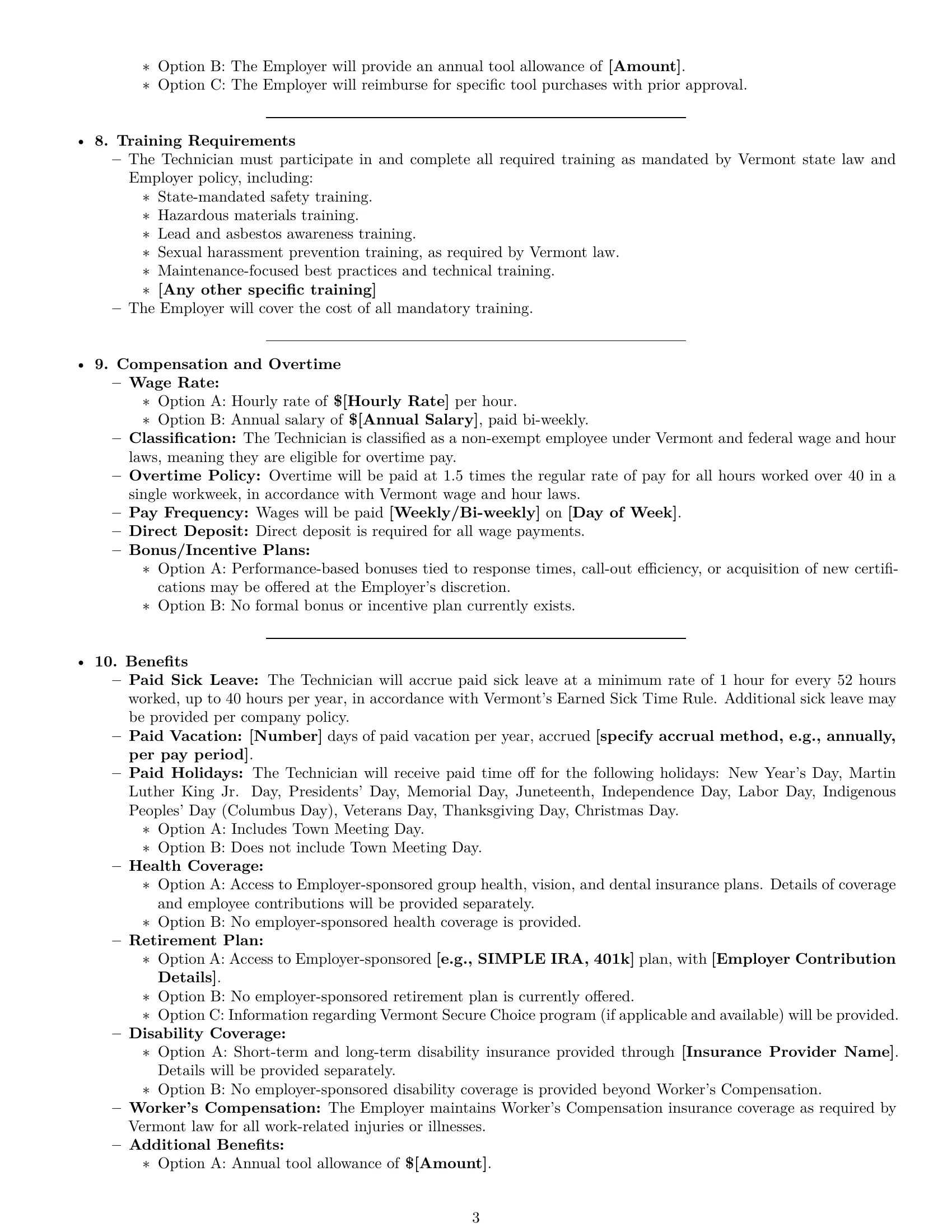 Preview page 3 of Pro Vermont maintenance technician employment contract template