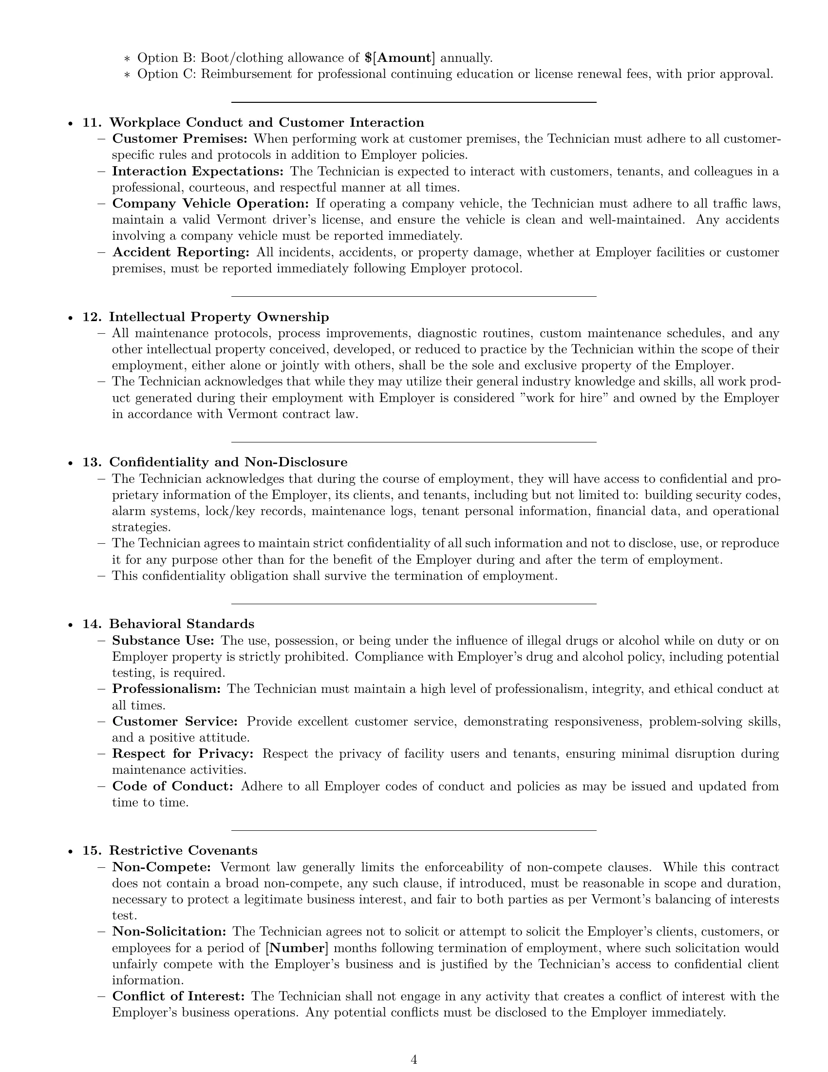 Preview page 4 of Pro Vermont maintenance technician employment contract template