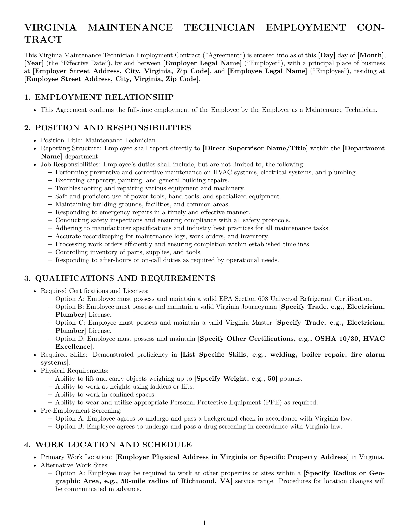 Preview page 1 of Pro Virginia maintenance technician employment contract template