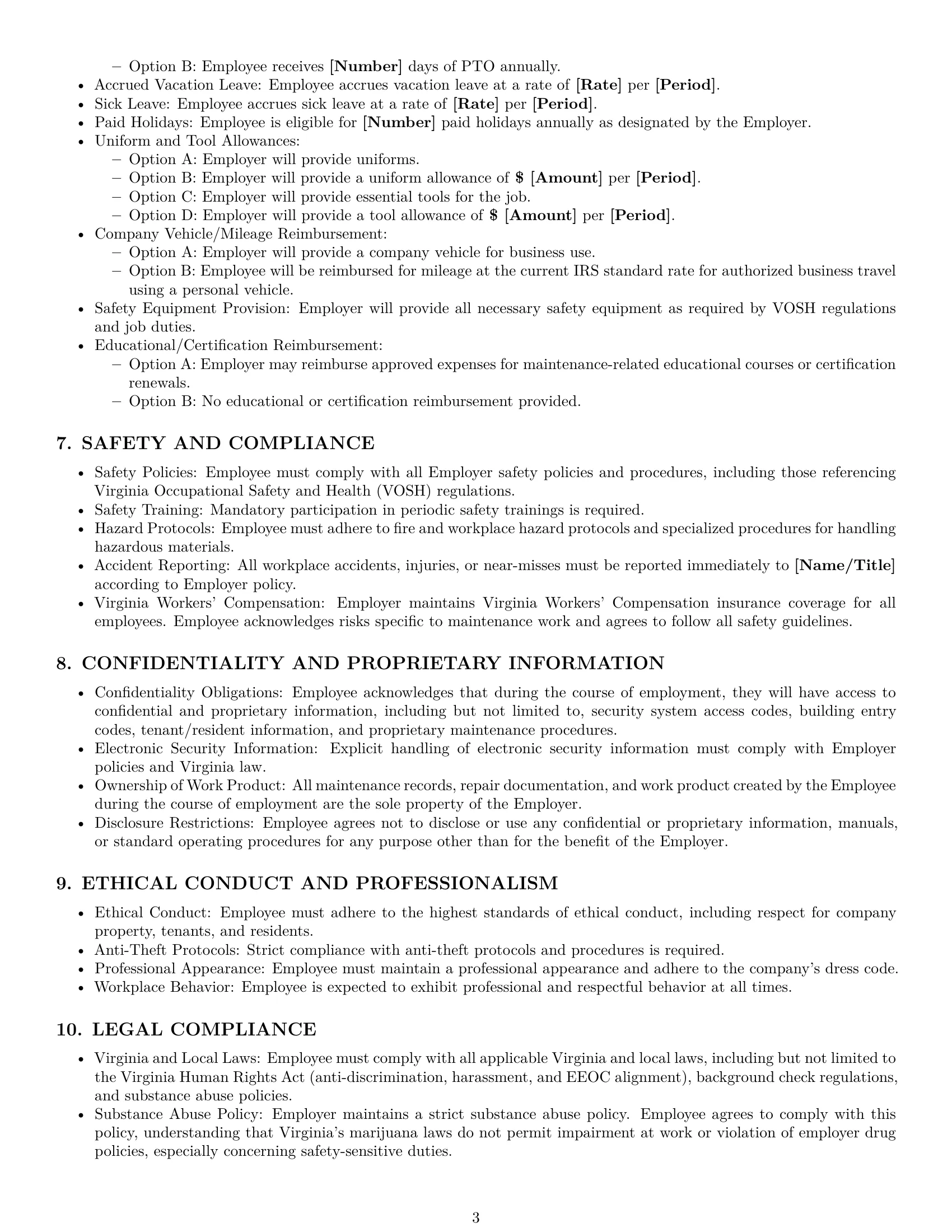 Preview page 3 of Pro Virginia maintenance technician employment contract template