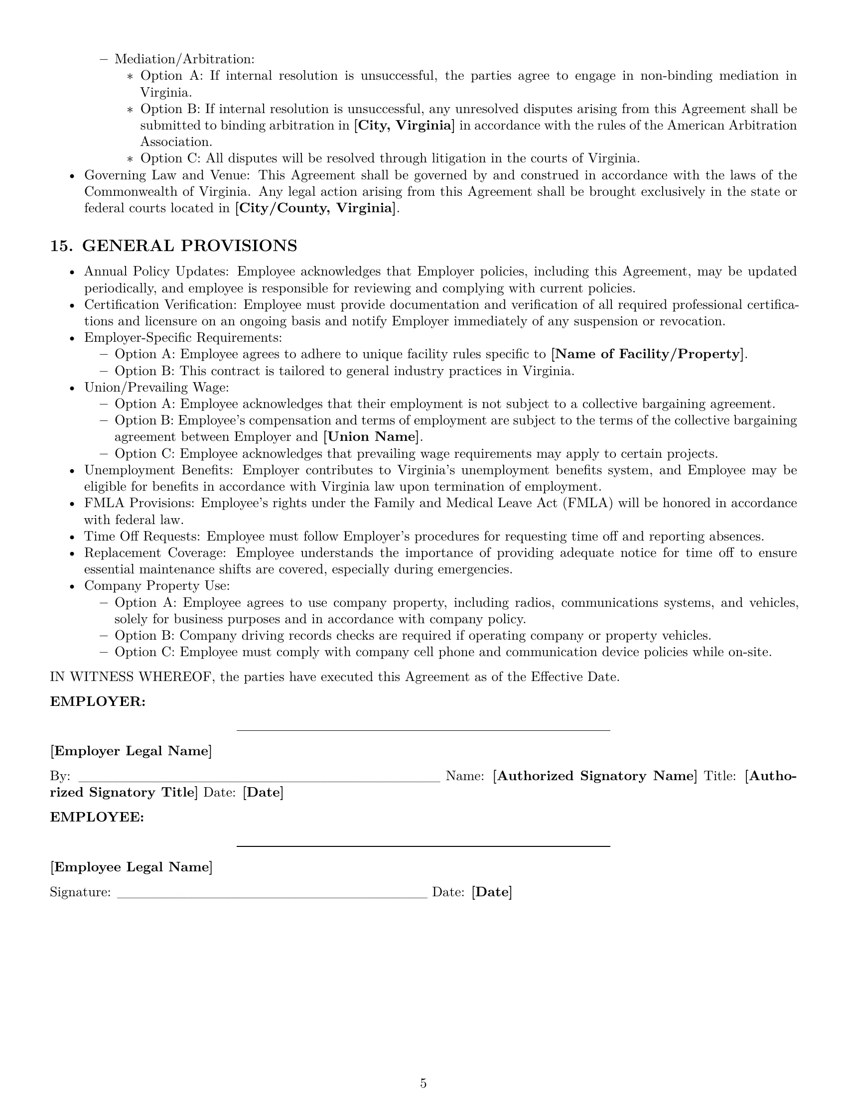 Preview page 5 of Pro Virginia maintenance technician employment contract template