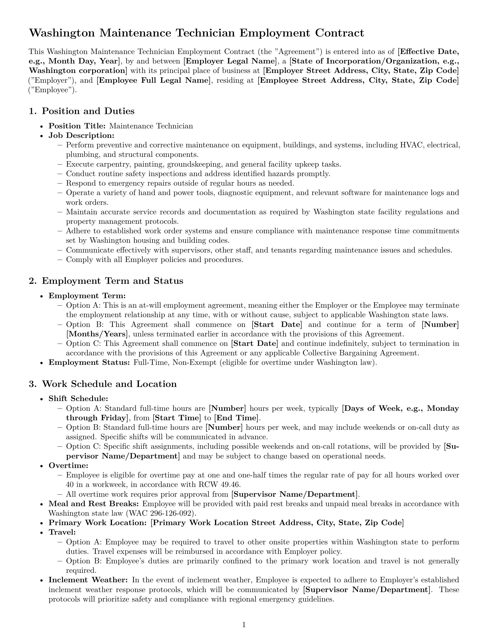 Preview page 1 of Pro Washington maintenance technician employment contract template