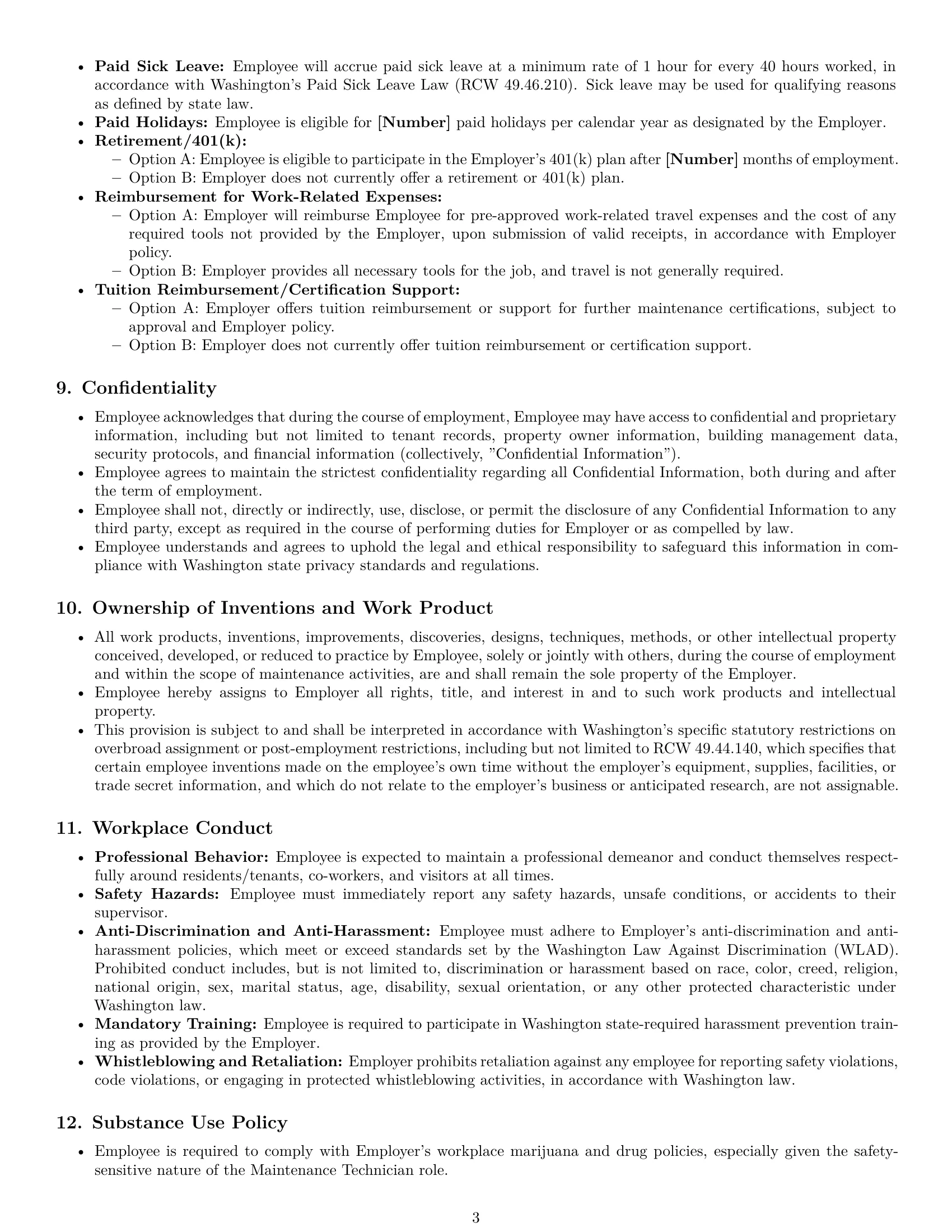 Preview page 3 of Pro Washington maintenance technician employment contract template