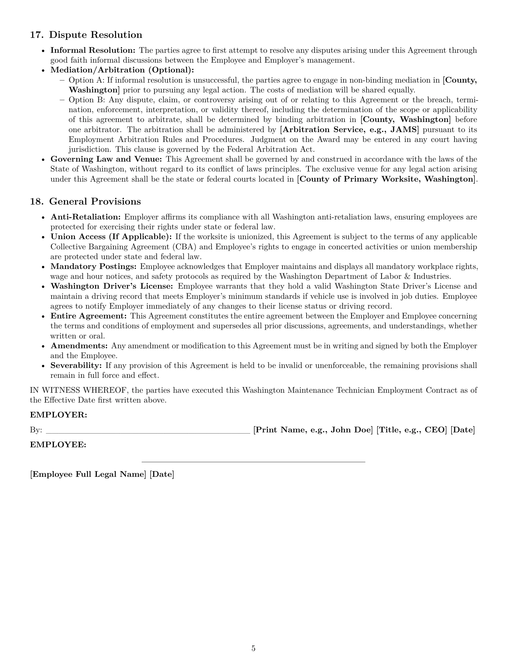 Preview page 5 of Pro Washington maintenance technician employment contract template