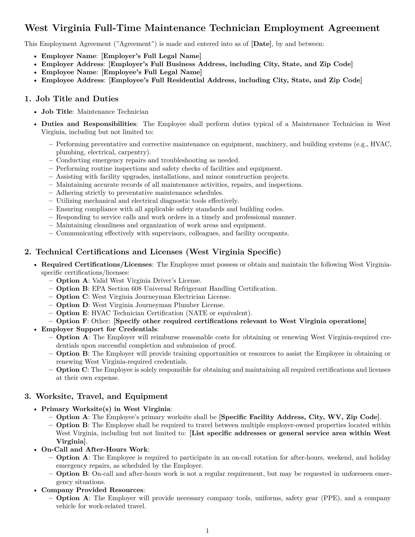 Preview page 1 of Pro West Virginia maintenance technician employment contract template
