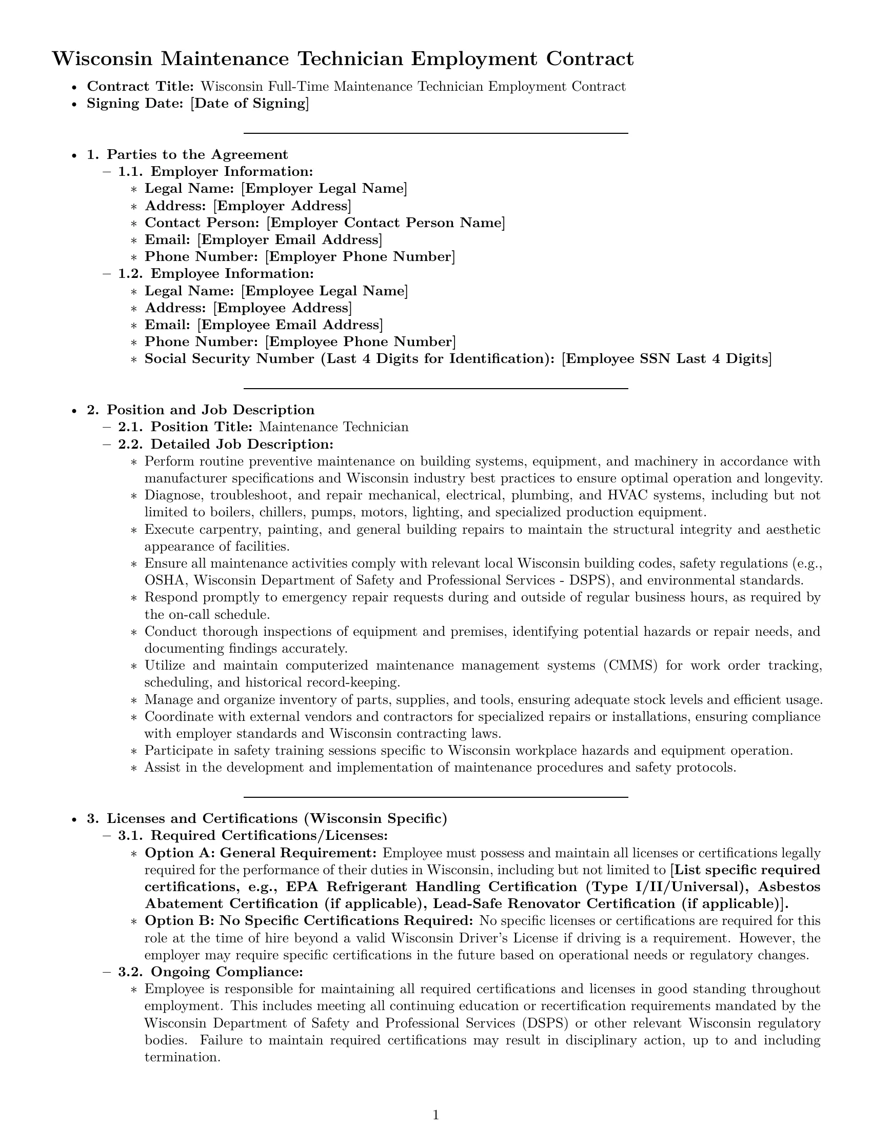 Preview page 1 of Pro Wisconsin maintenance technician employment contract template