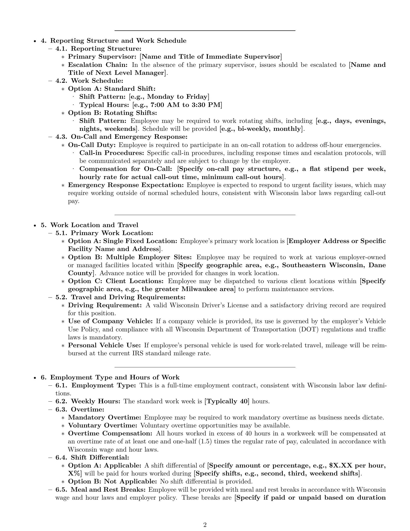 Preview page 2 of Pro Wisconsin maintenance technician employment contract template