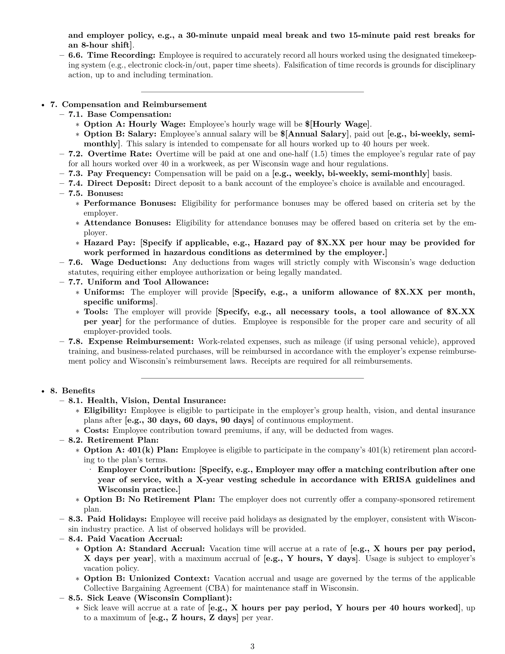 Preview page 3 of Pro Wisconsin maintenance technician employment contract template