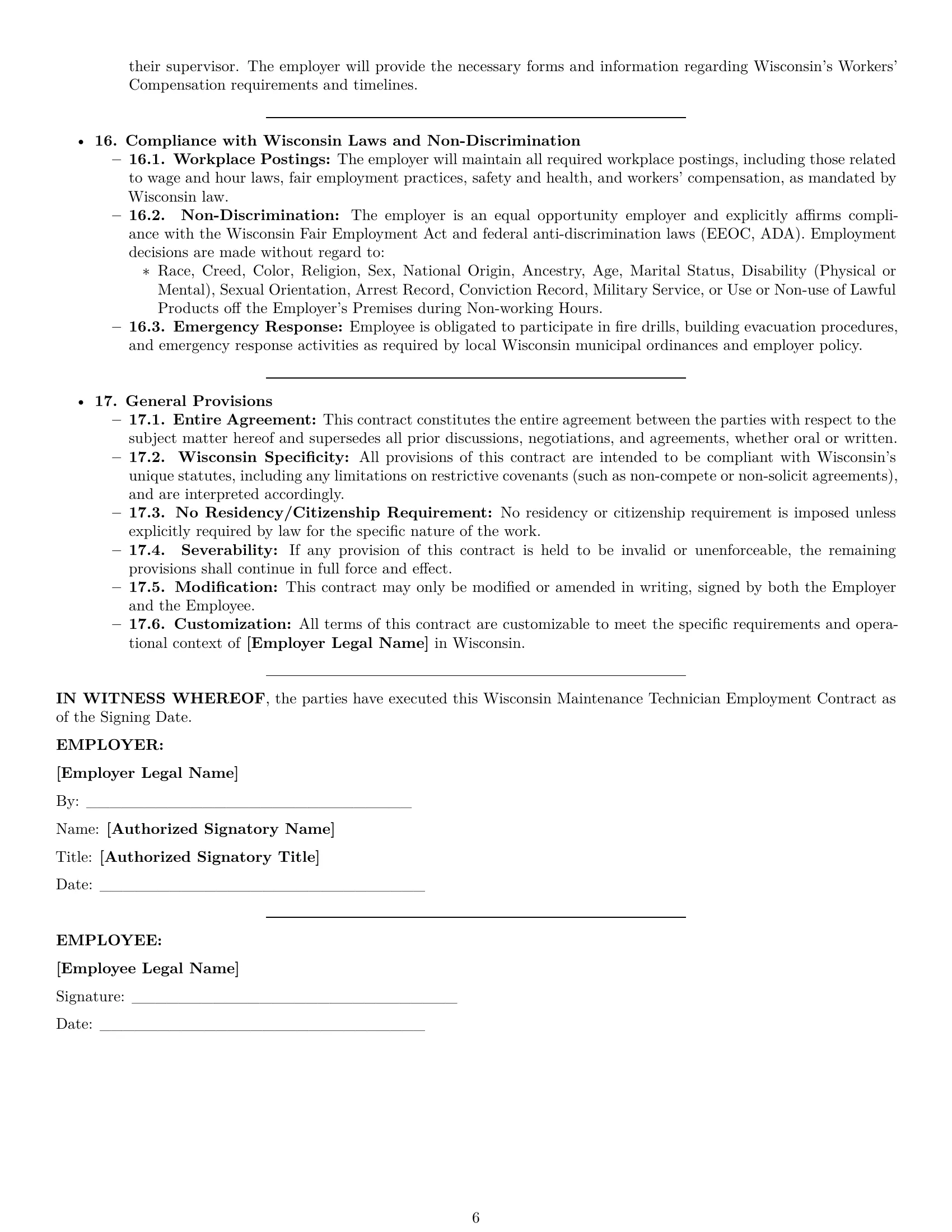 Preview page 6 of Pro Wisconsin maintenance technician employment contract template