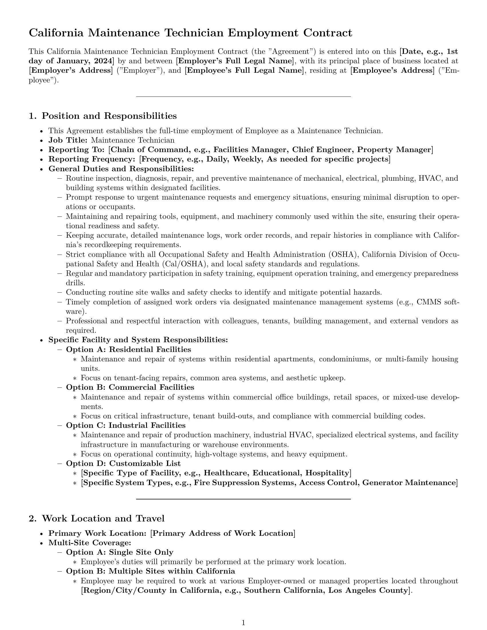 Preview page 1 of Pro California maintenance technician employment contract template