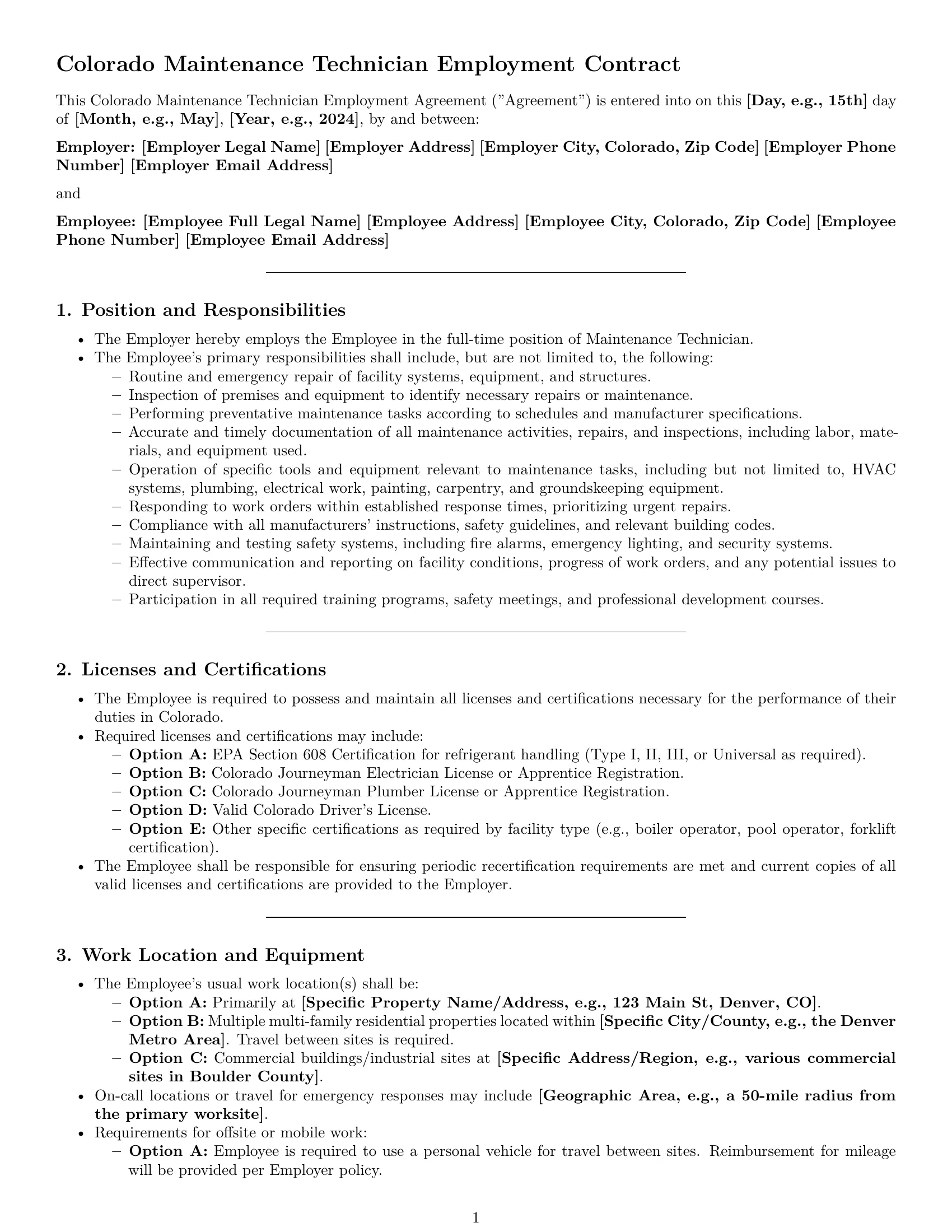 Preview page 1 of Pro Colorado maintenance technician employment contract template