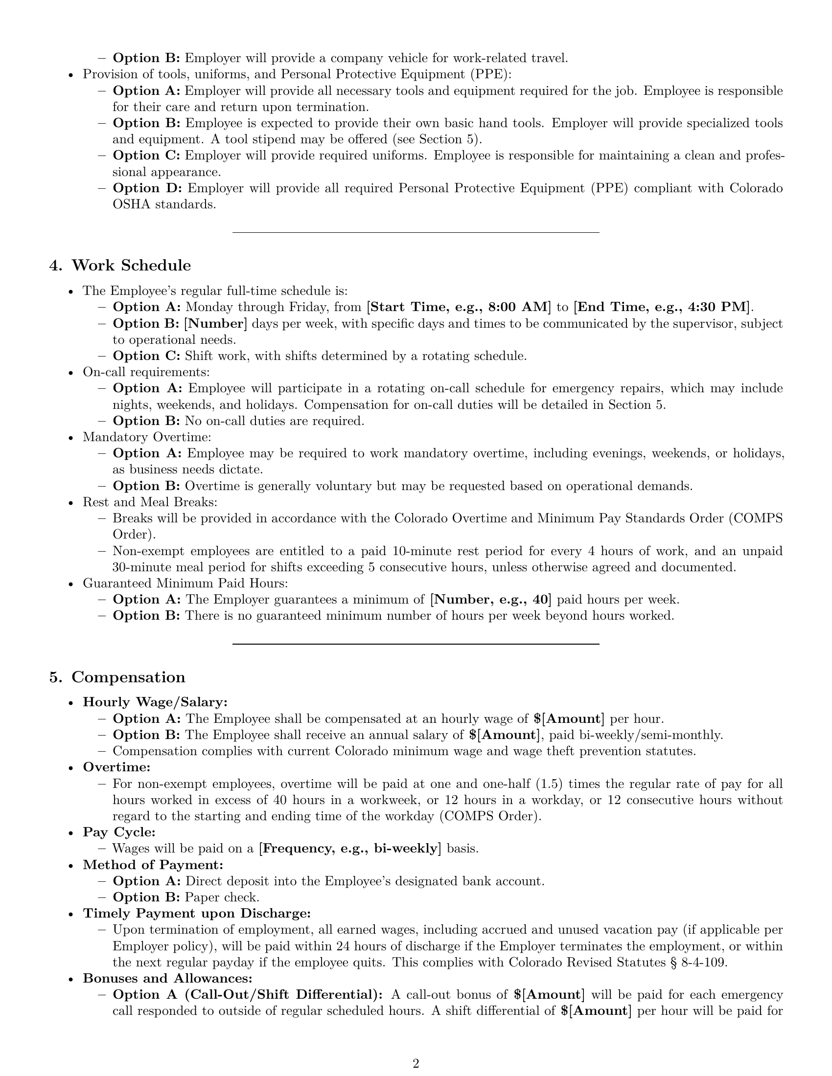 Preview page 2 of Pro Colorado maintenance technician employment contract template