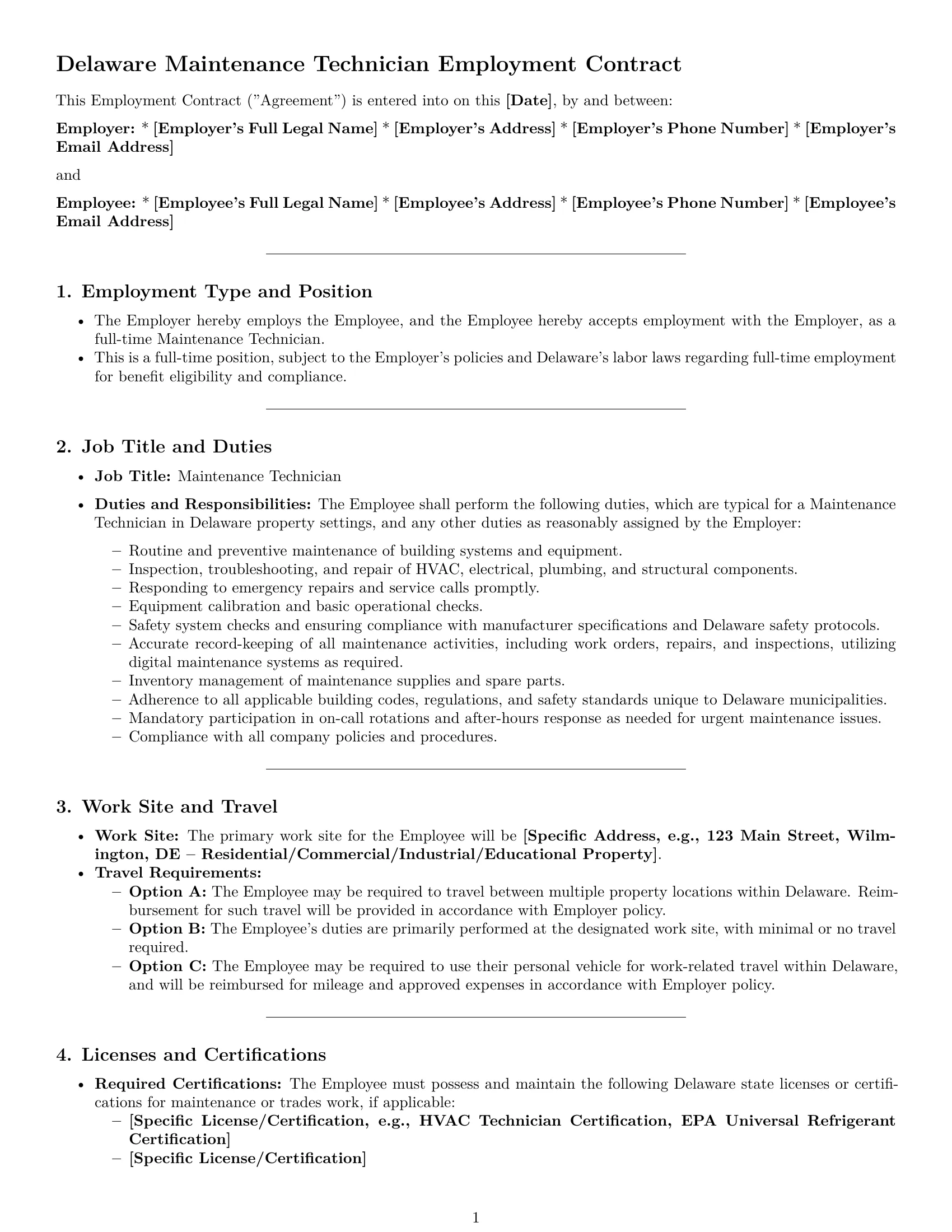 Preview page 1 of Pro Delaware maintenance technician employment contract template