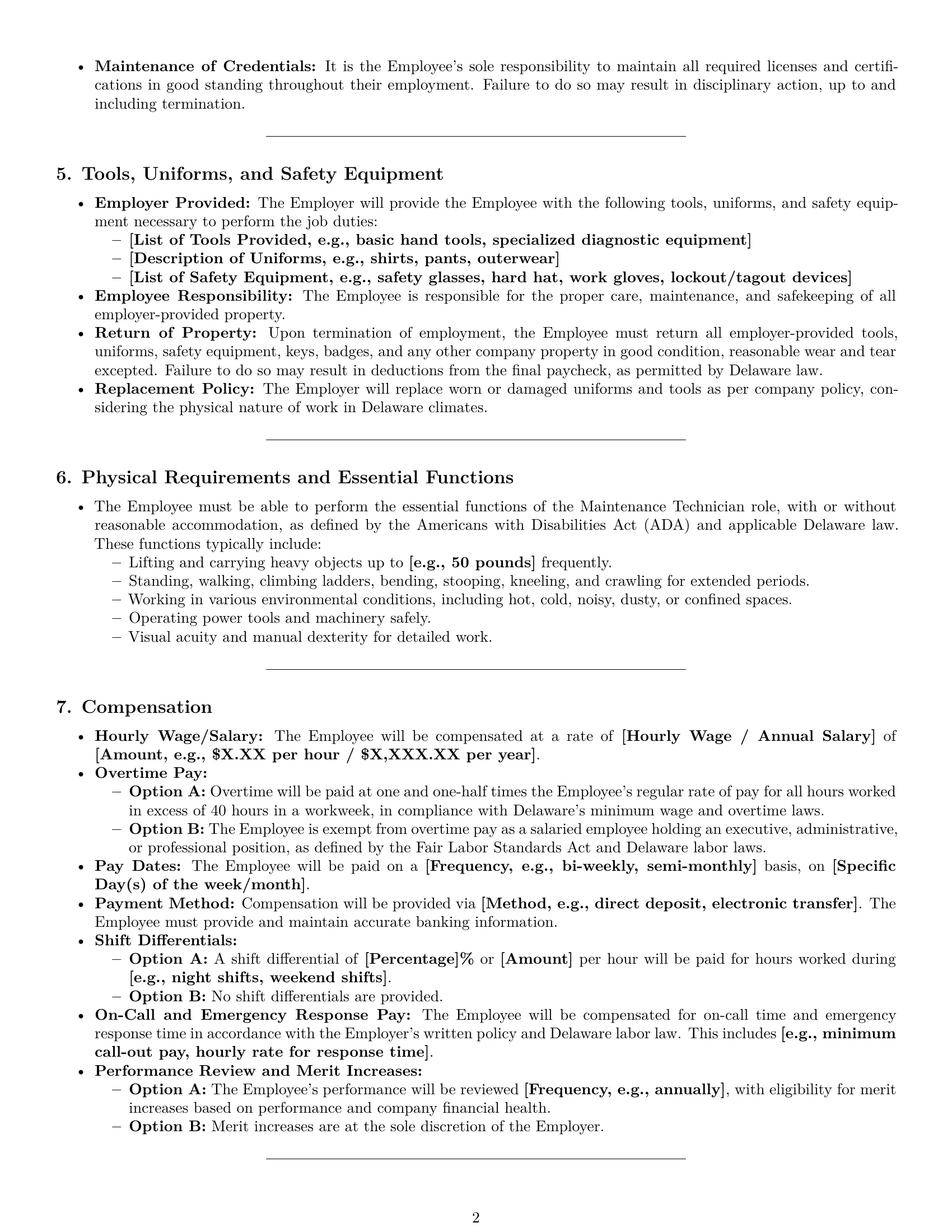 Preview page 2 of Pro Delaware maintenance technician employment contract template