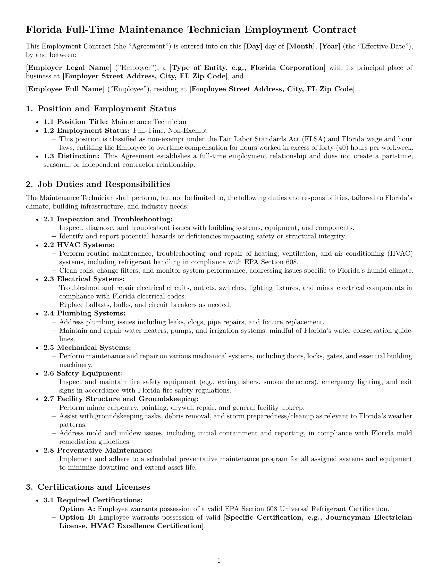 Preview page 1 of Pro Florida maintenance technician employment contract template