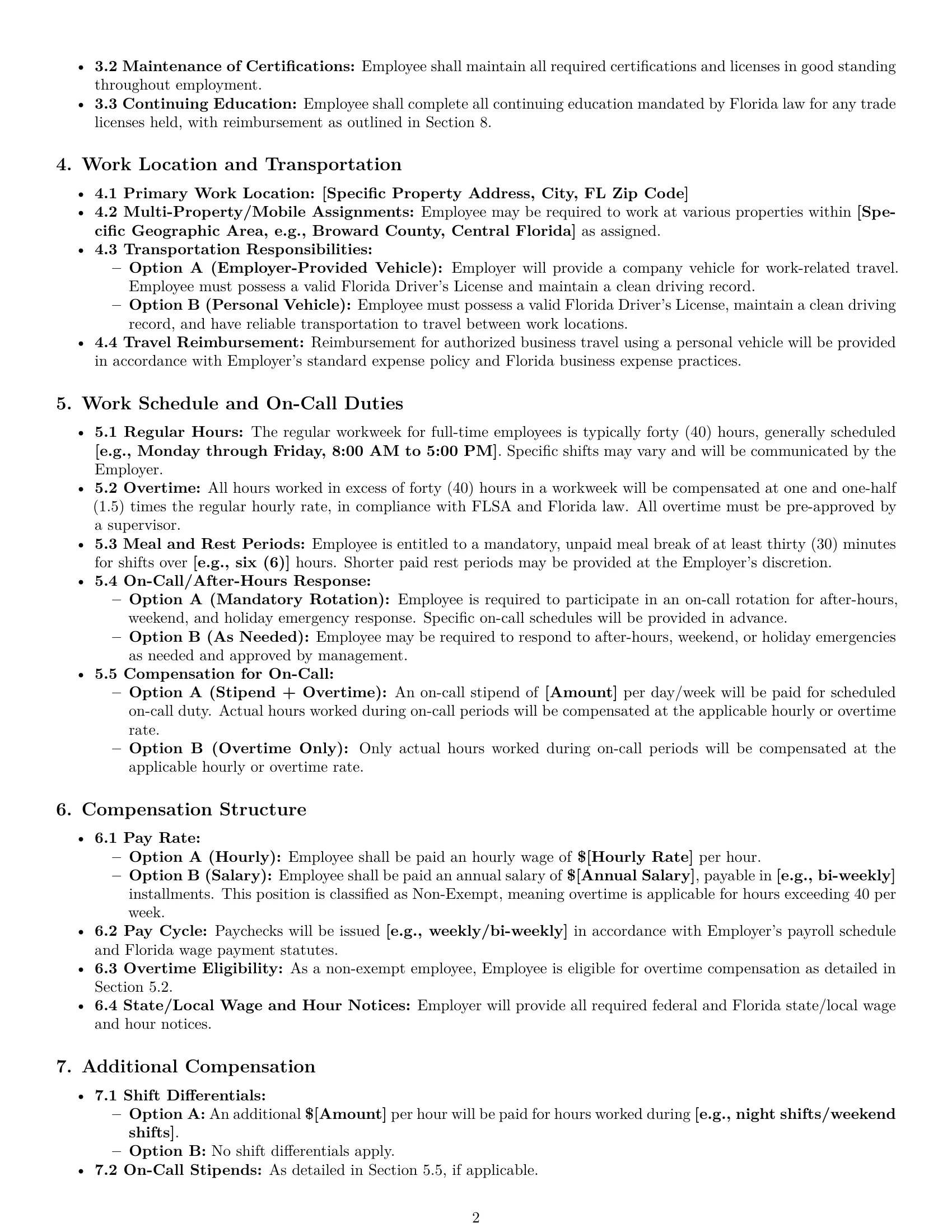 Preview page 2 of Pro Florida maintenance technician employment contract template