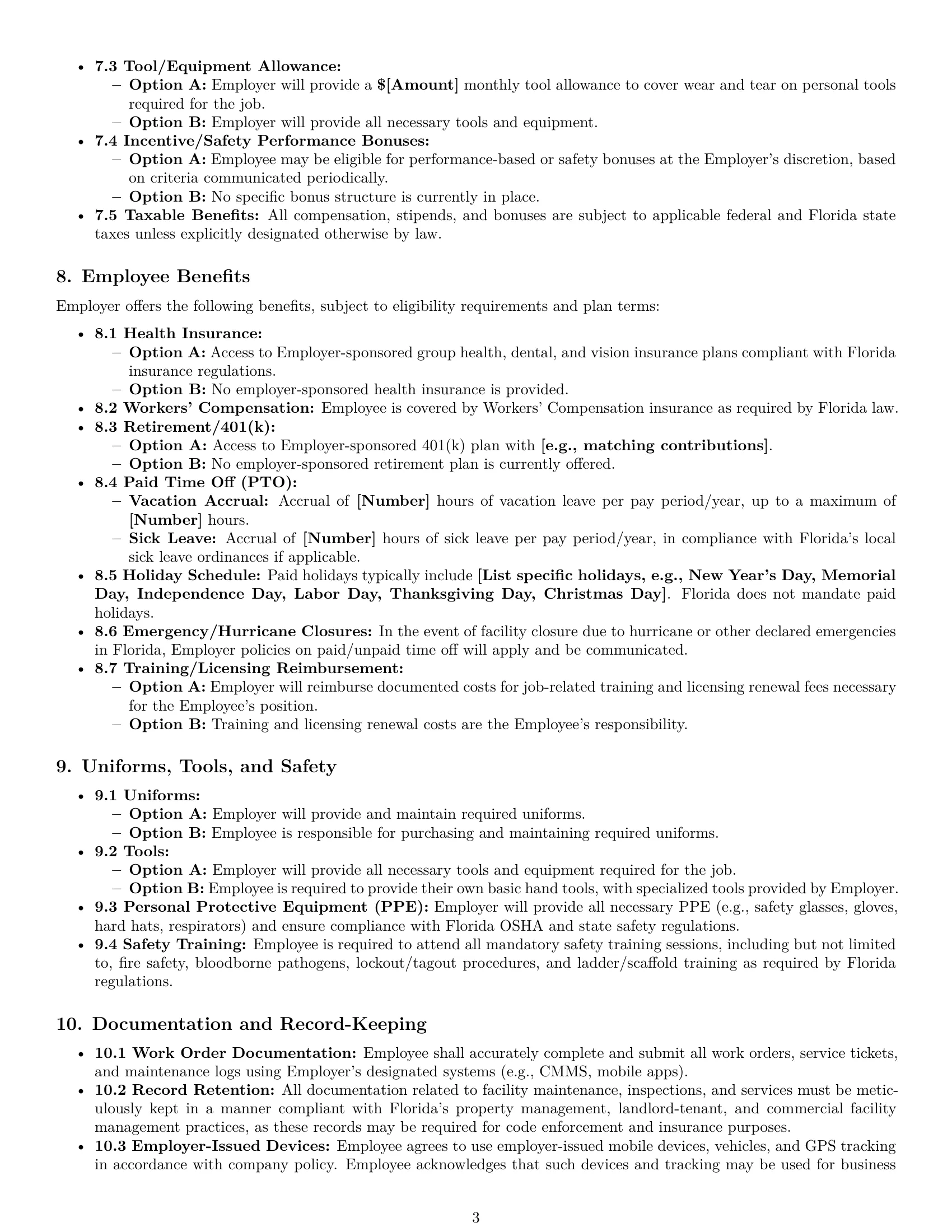 Preview page 3 of Pro Florida maintenance technician employment contract template
