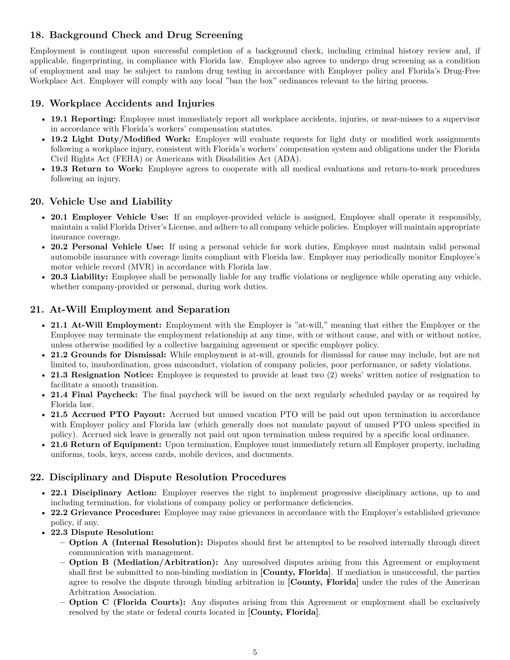 Preview page 5 of Pro Florida maintenance technician employment contract template