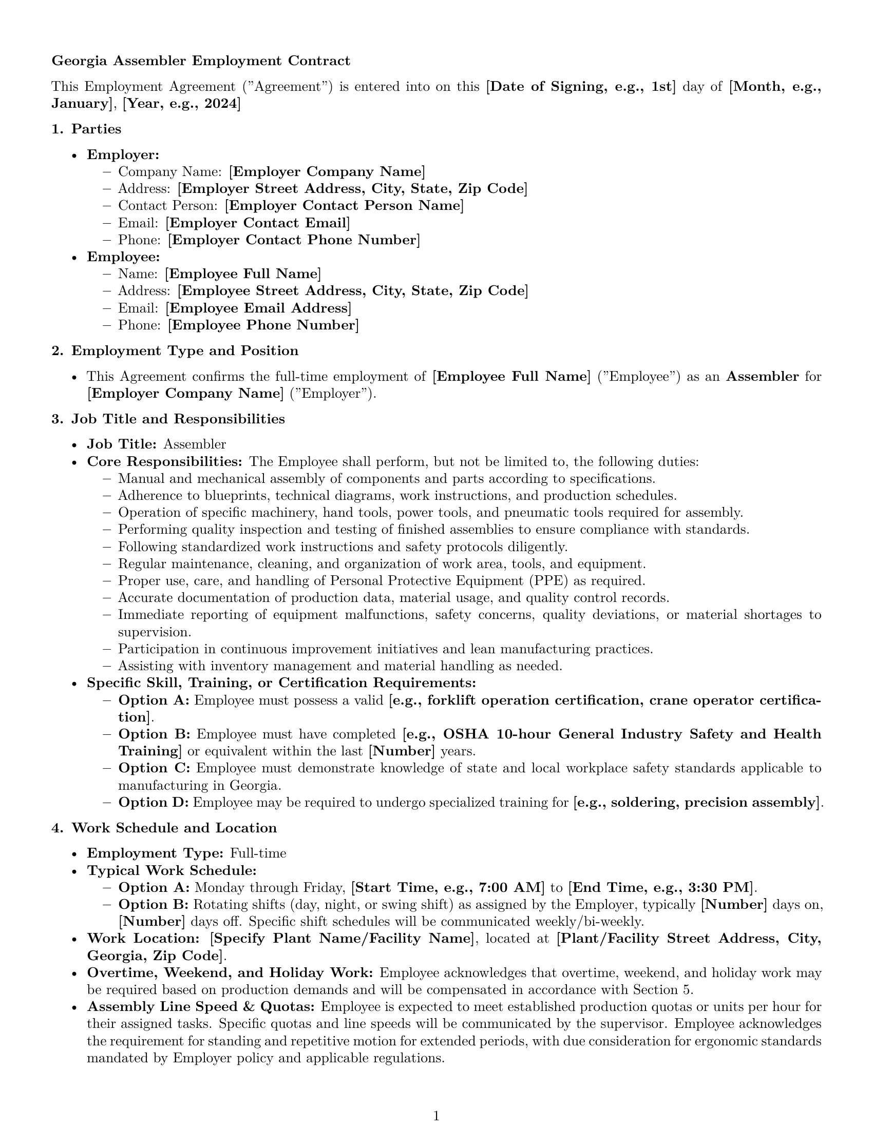 Preview page 1 of Pro Georgia assembler employment contract template