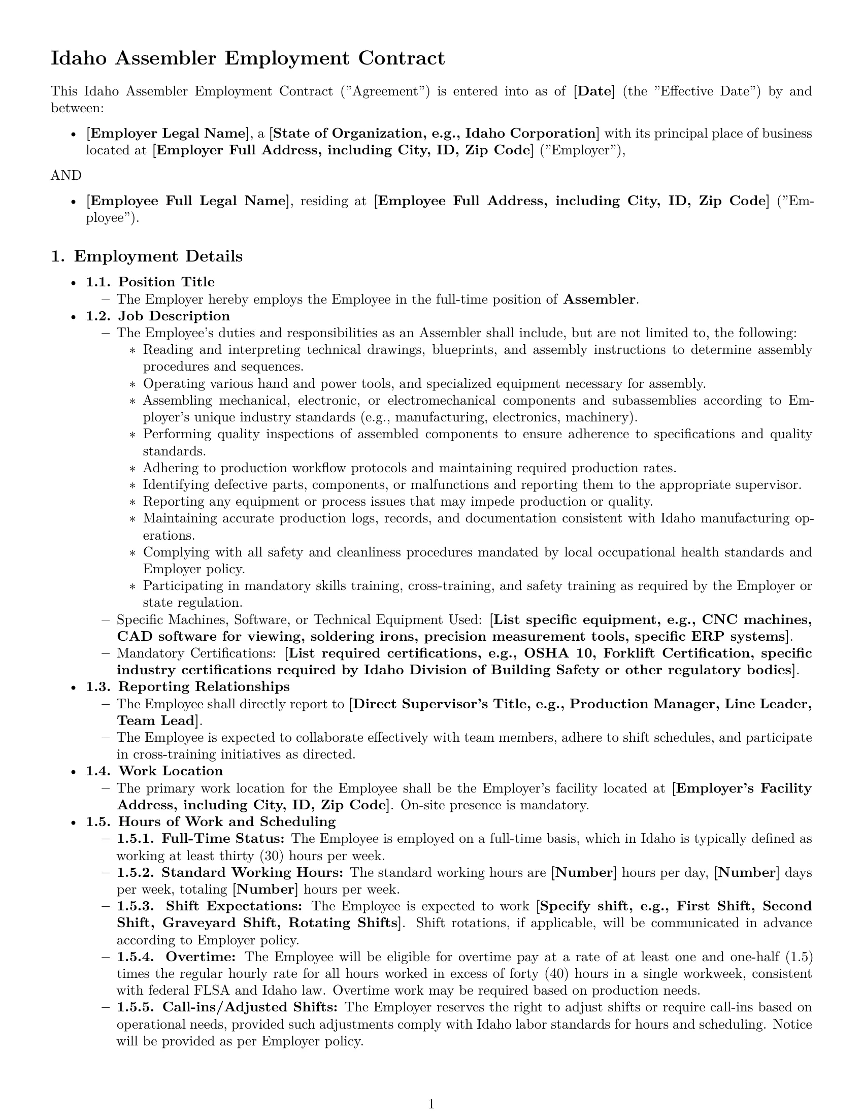 Preview page 1 of Pro Idaho assembler employment contract template