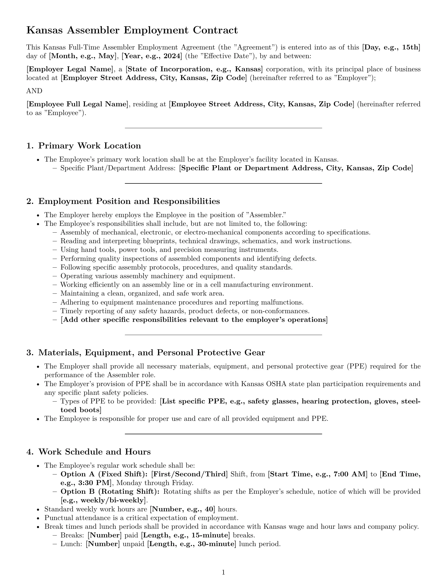 Preview page 1 of Pro Kansas assembler employment contract template