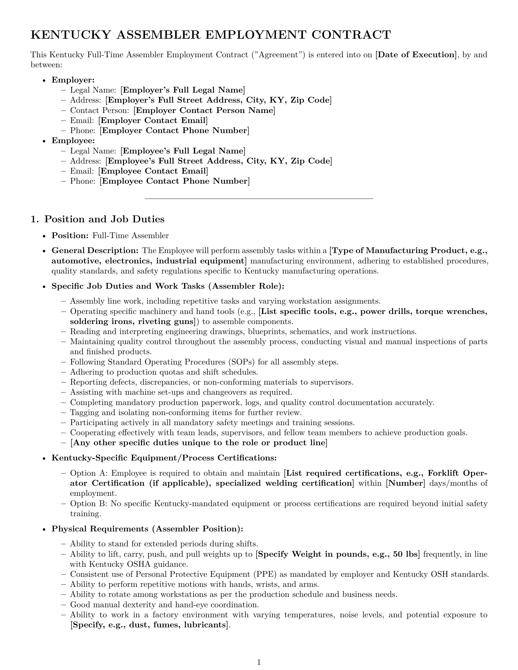Preview page 1 of Pro Kentucky assembler employment contract template