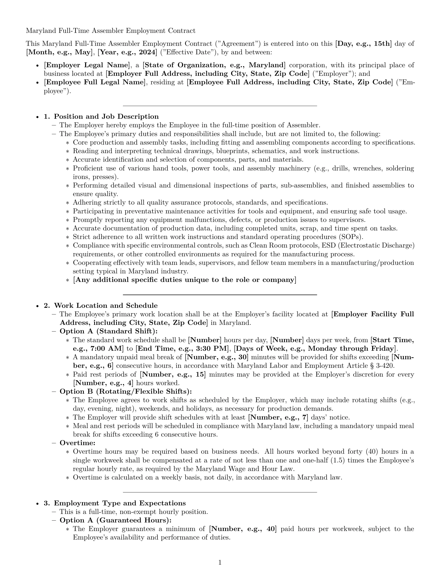 Preview page 1 of Pro Maryland assembler employment contract template