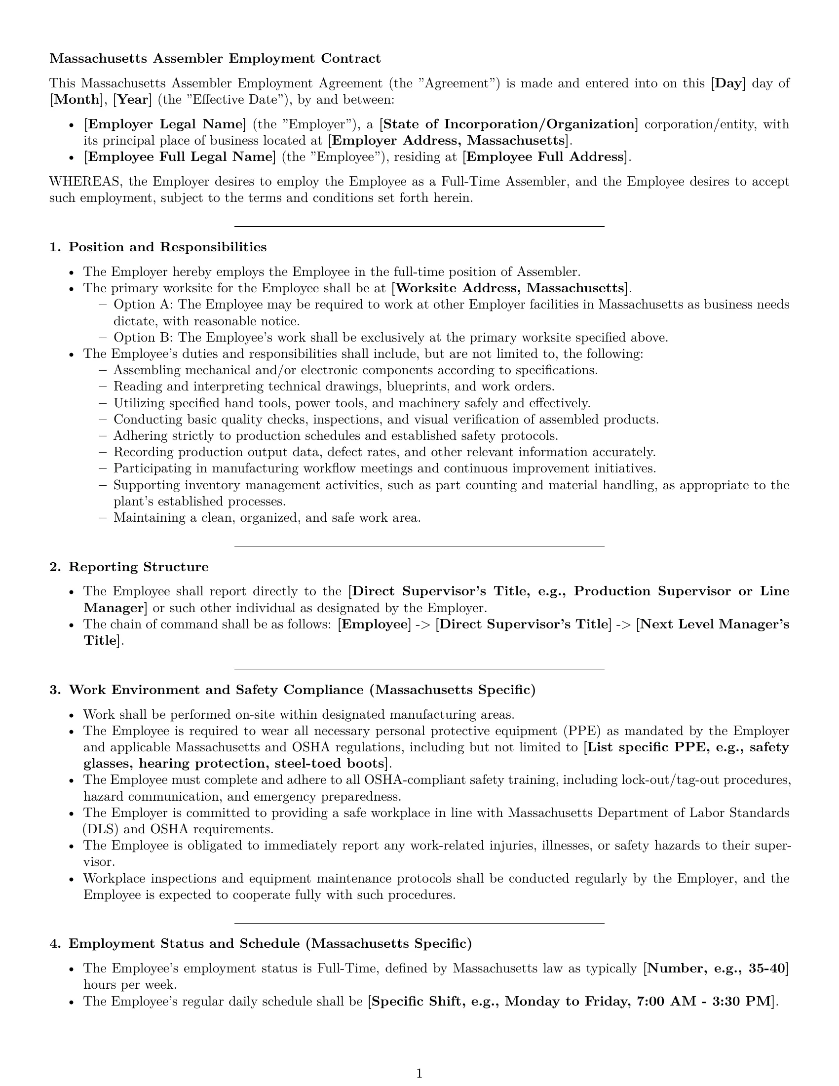 Preview page 1 of Pro Massachusetts assembler employment contract template