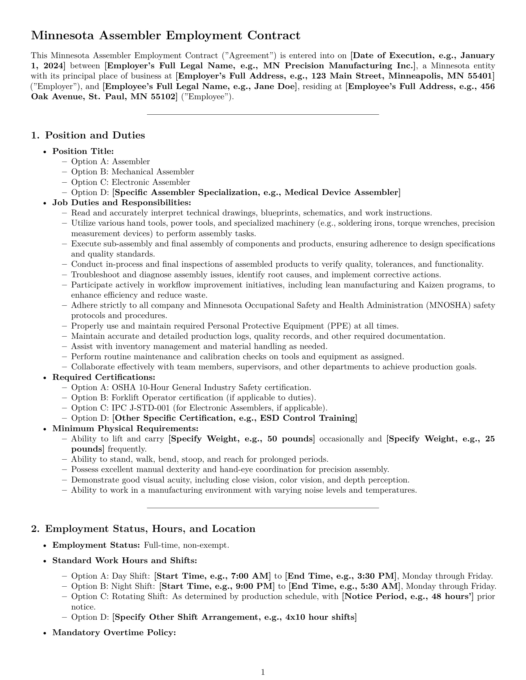 Preview page 1 of Pro Minnesota assembler employment contract template